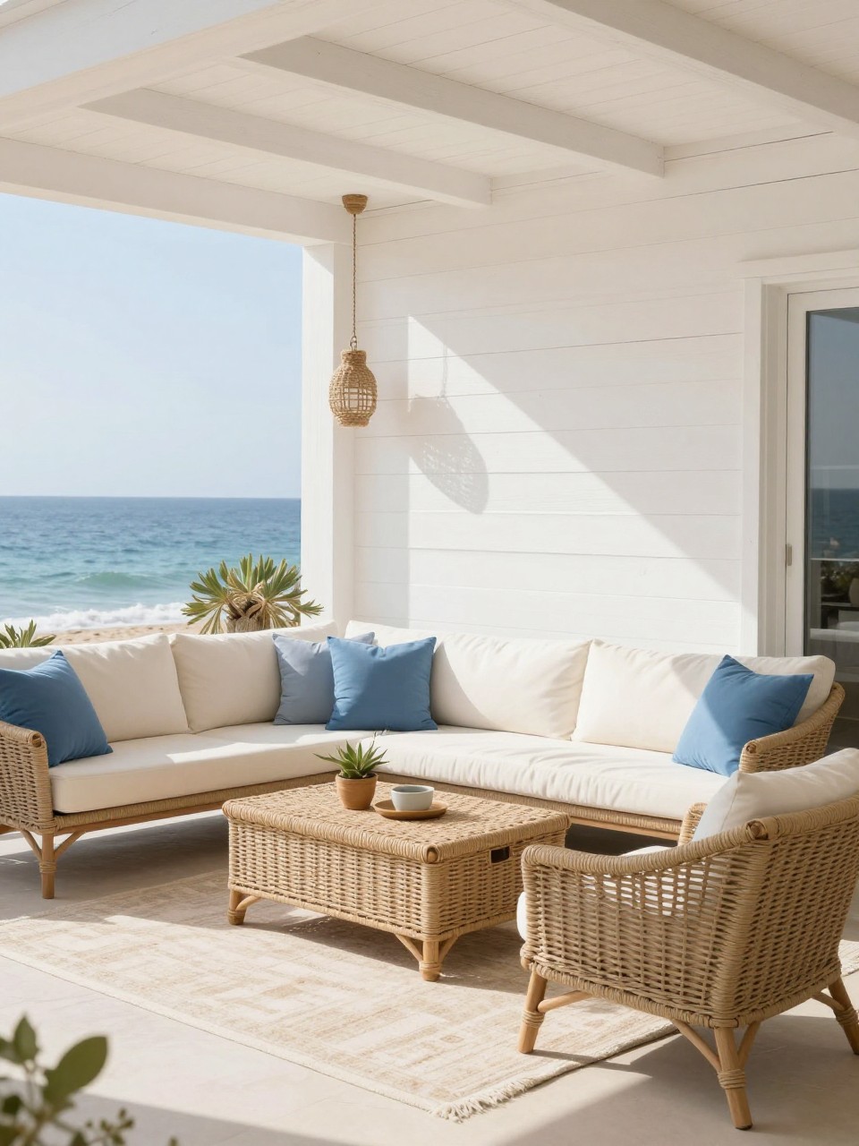Image Prompt: A beautiful coastal patio with a whitewashed wood accent wall behind a cozy seating area, woven lounge chairs, cream cushions, blue throw pillows, rope lanterns, pale outdoor rug, bright airy natural light, seaside-inspired decor, no people, realistic DSLR image, no text, (no watermarks on images)