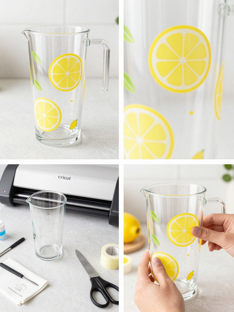 A realistic editorial 2x2 collage grid showing a Cricut lemonade pitcher decal project, top-left finished clear drink pitcher with vinyl lemon slices, leaves, and small summer icons, top-right close-up of glossy vinyl on clear glass or plastic surface, bottom-left flat lay of blank pitcher, permanent vinyl, transfer tape, Cricut machine, scraper, weeding tool, rubbing alcohol cloth, and scissors, bottom-right cropped hands applying lemon slice vinyl to the pitcher, sunny kitchen drink station craft setup, no faces, no text, no watermark on images.