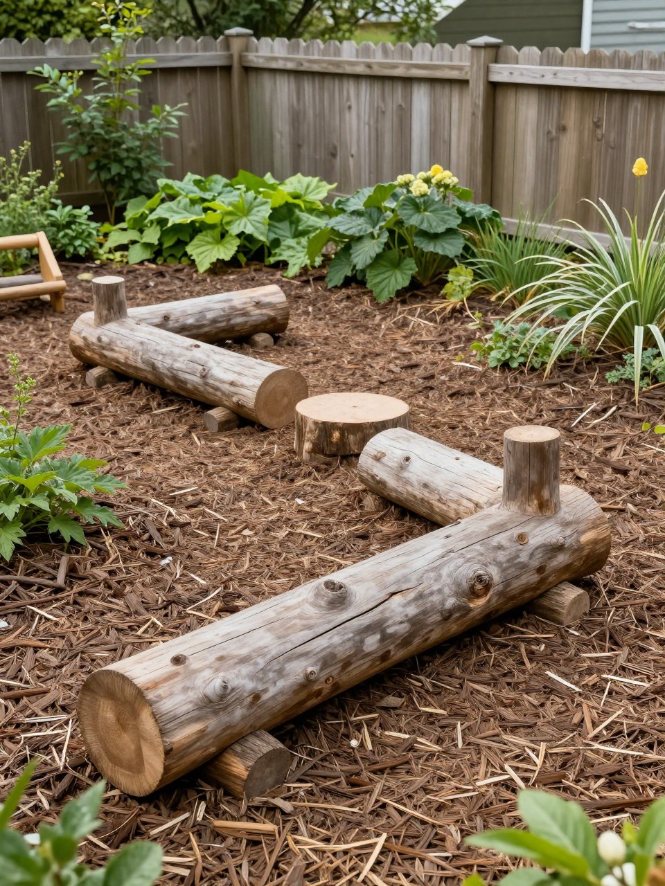 Image Prompt: A natural backyard play area with low log balance beams, stepping logs, soft mulch, leafy garden border, simple wooden fence, nature-inspired kids playground design, realistic DSLR photo quality, no people, no watermarks on images.