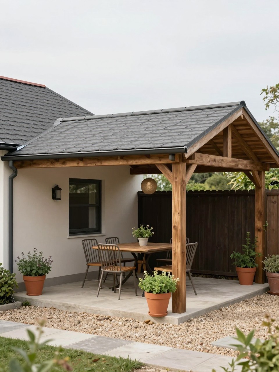 Image Prompt: A simple lean-to patio roof attached to the back of a house, gently sloped roofline, wooden posts, compact outdoor dining table, potted herbs, gravel and paver floor, cozy practical backyard patio, soft daylight, no people, realistic DSLR photo, no text, no watermarks on images.