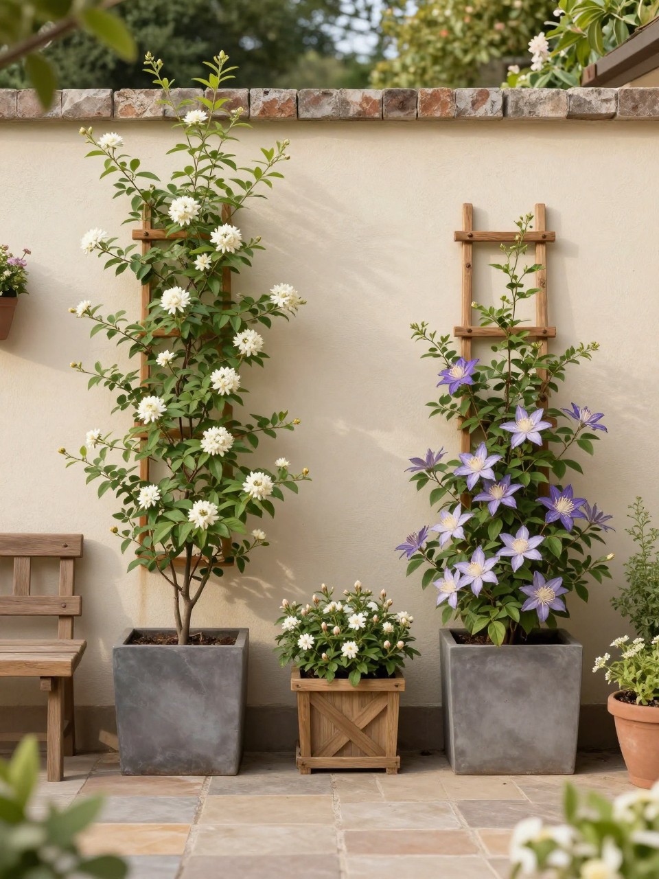 Image Prompt: A patio wall with large planters holding climbing jasmine and clematis growing up simple wooden trellises, small outdoor bench nearby, stone paver floor, soft flowering greenery, warm natural daylight, charming garden patio wall design, no people, realistic DSLR photo, no text, no watermarks on images.