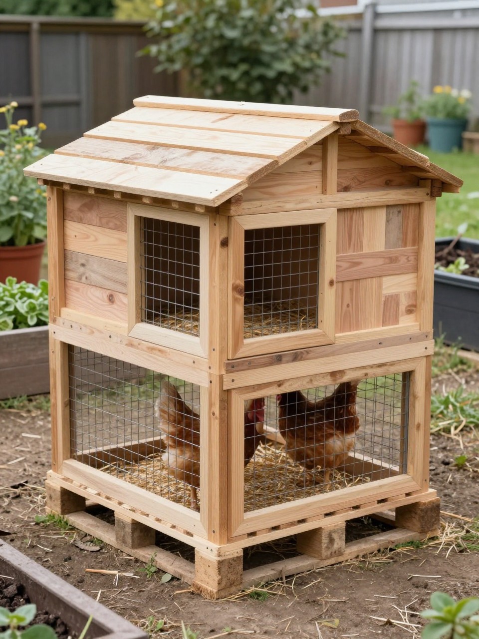 A realistic low budget chicken coop made mainly from reclaimed pallet wood, compact and practical, with a simple sloped roof, small chicken ramp, side nesting box, attached wire run, straw bedding visible inside, two hens nearby, set in a tidy backyard with a few raised beds and potted herbs, rustic DIY style, natural daylight, useful and beginner-friendly, no people, no text, (no watermarks on images).
