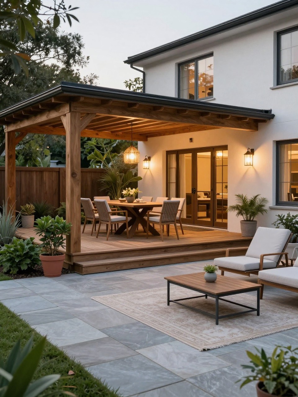 Image Prompt: A beautiful backyard with a covered wooden deck attached to the house, outdoor dining table under the roof, open stone patio beside it with lounge chairs and coffee table, soft outdoor rug, potted greenery, warm lights, elegant outdoor living design, no people, realistic DSLR image, no text, no watermarks on images.