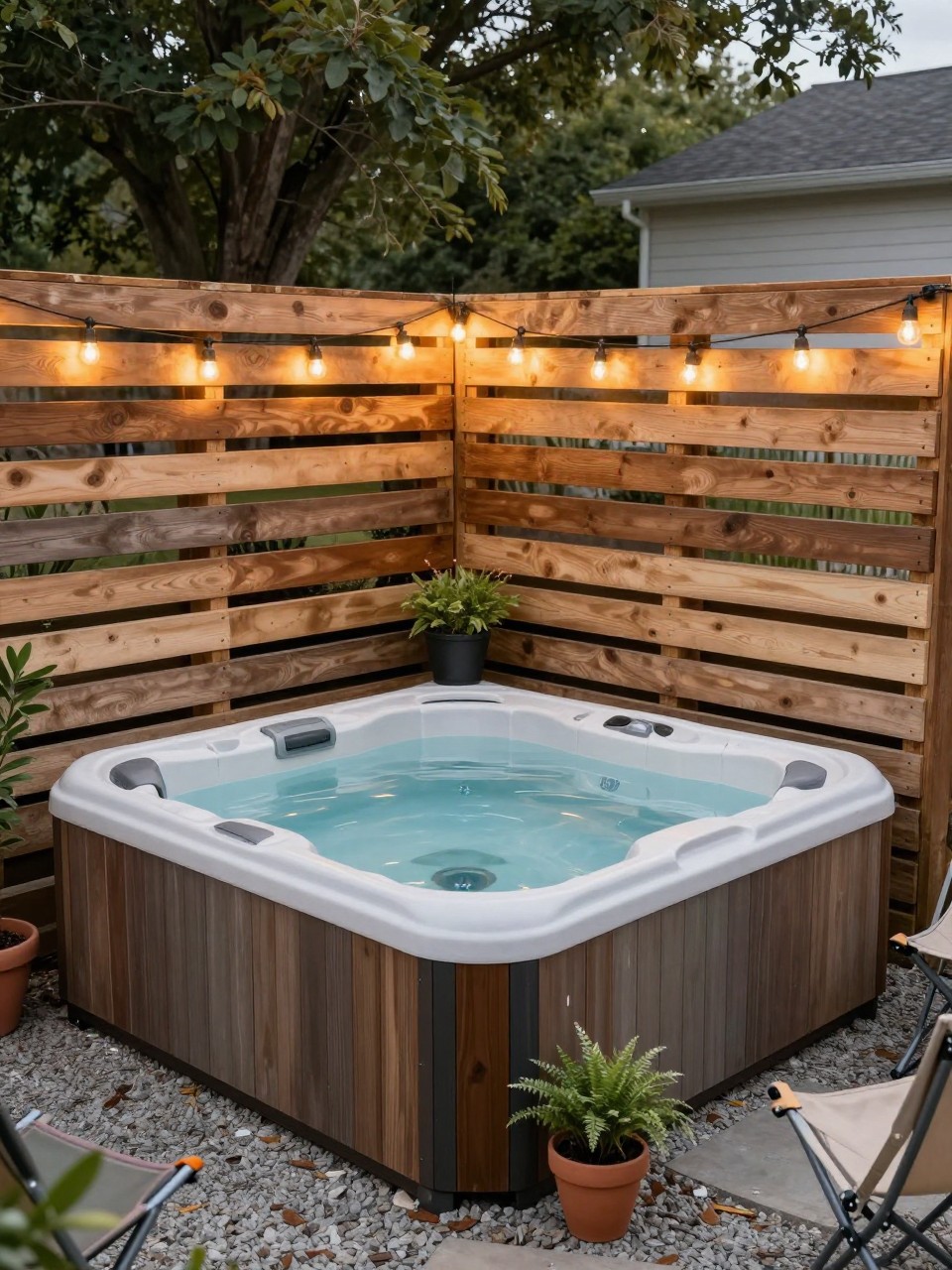 Image Prompt: A cozy budget hot tub patio with a simple hot tub, DIY pallet privacy wall stained warm brown, string lights attached to the pallet wall, gravel floor, potted plants, two folding chairs, relaxed backyard retreat, no people, realistic DSLR photo, no text, no watermarks on images.