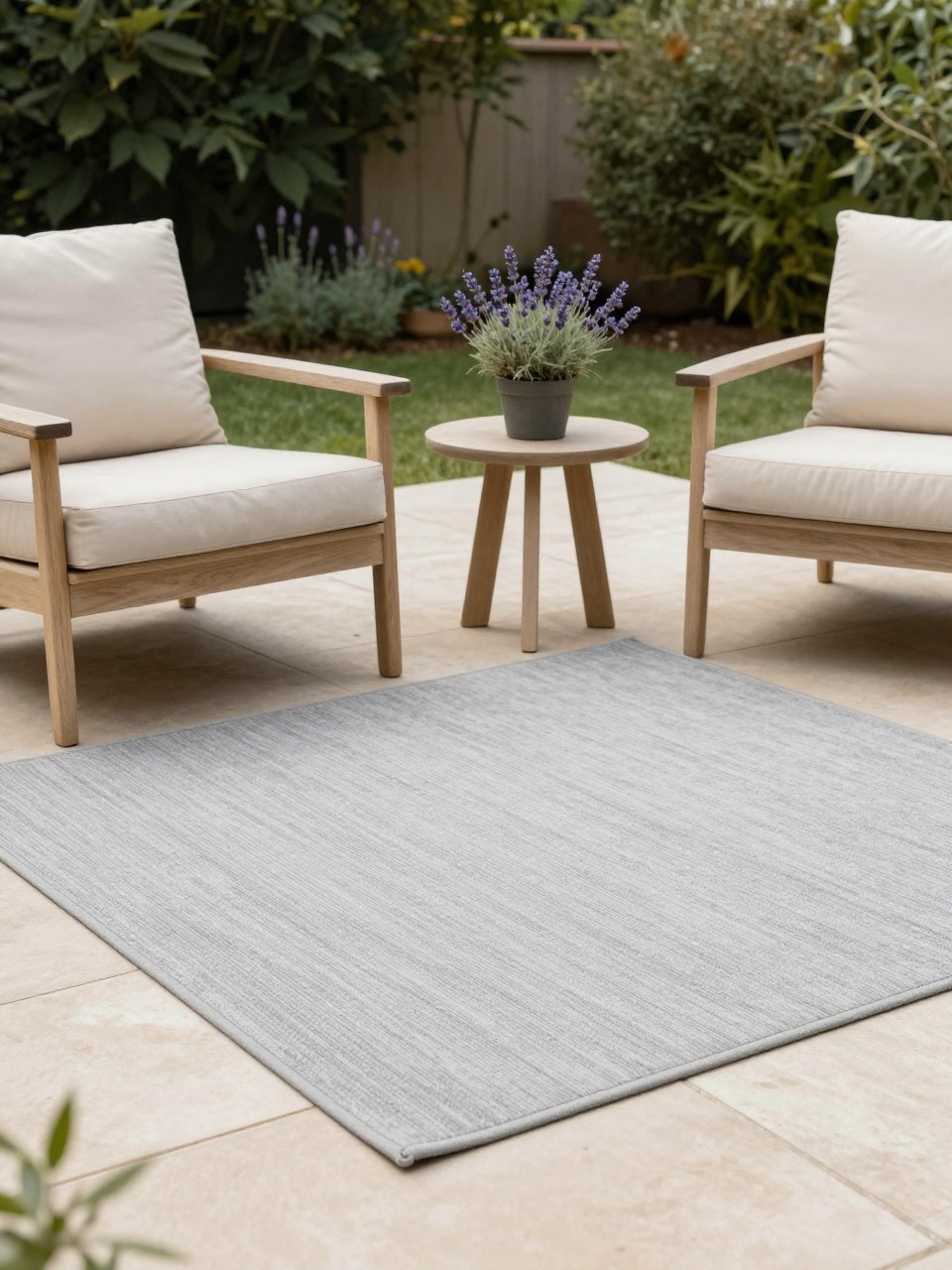 Image Prompt: A calm backyard patio with a soft gray outdoor rug, light wood lounge chairs, beige cushions, potted lavender, small round table, pale stone floor, soft natural daylight, peaceful and simple outdoor seating design, no people, realistic DSLR photo, no text, no watermarks on images.