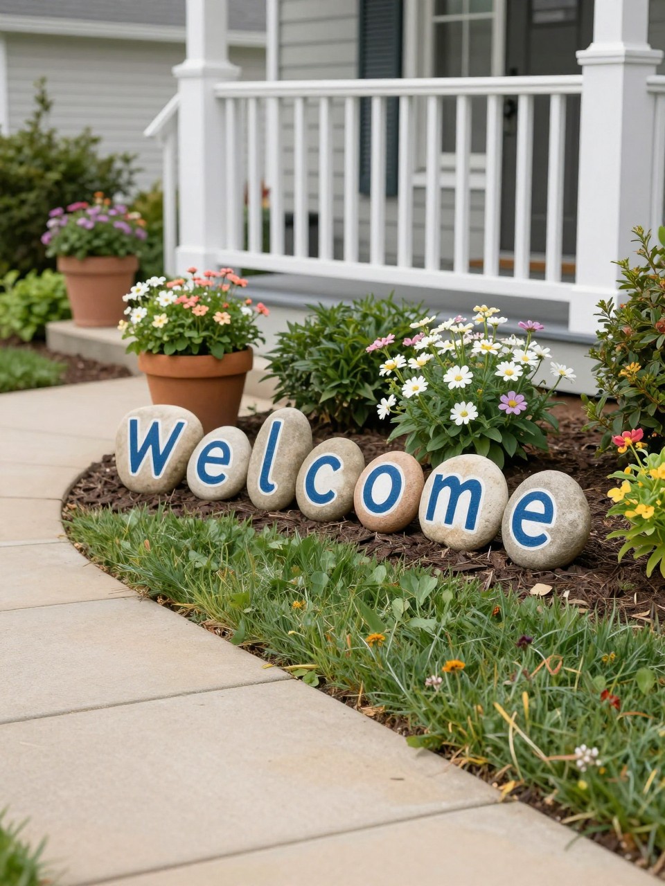 Image Prompt: A beautiful front garden welcome display made with painted rocks spelling welcome, arranged near a porch flower bed, potted plants, soft blooms, neat walkway, charming curb appeal decor, realistic DSLR photo quality, no people, no watermarks on images.