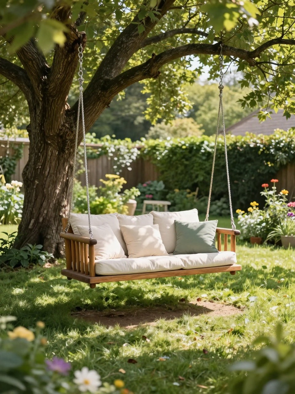 Image Prompt: A cozy backyard garden with a classic wooden swing hanging from a large mature tree, soft cream and sage cushions, lush green lawn, flower borders, dappled sunlight, peaceful family garden setting, warm natural textures, realistic DSLR photo quality, no people, no watermarks on images.