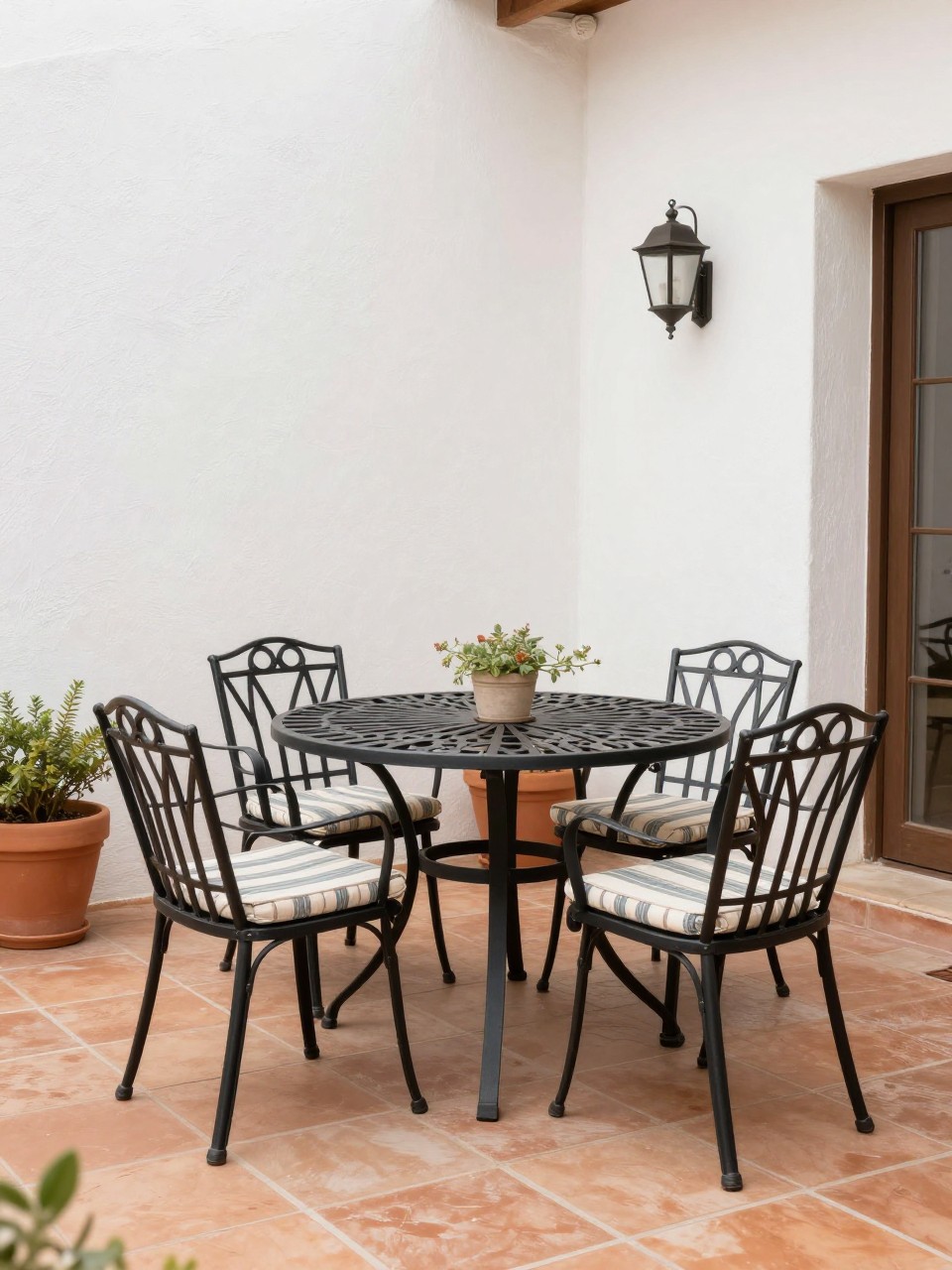 Image Prompt: A lovely Italian patio with black wrought iron dining furniture, warm terracotta floor, white stucco wall backdrop, terracotta planters, striped seat cushions, wall lanterns, elegant and simple outdoor setting, no people, realistic DSLR image, no text, no watermarks on images.