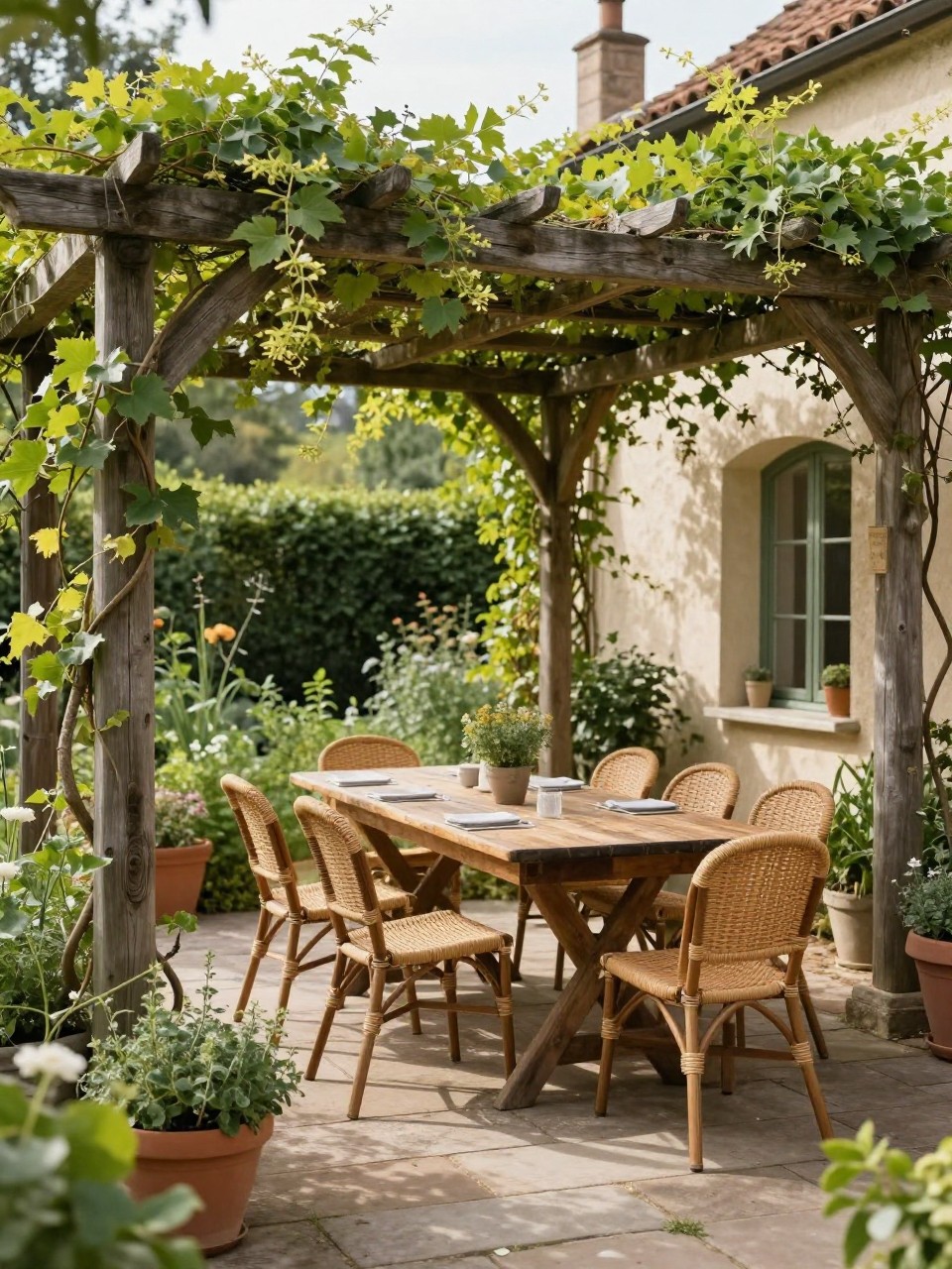Image Prompt: A charming European garden patio with a wooden pergola covered in climbing vines, long rustic dining table beneath it, woven chairs, stone paver floor, potted herbs, soft filtered sunlight, warm countryside outdoor dining mood, no people, realistic editorial garden photo, no text, no watermarks on images.