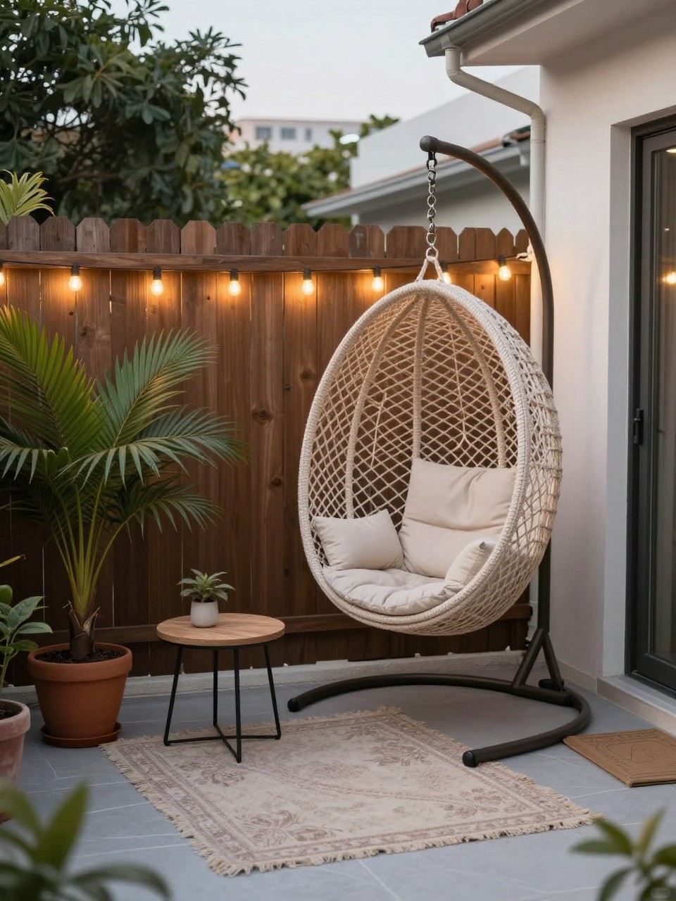 Image Prompt: A tiny townhouse patio with one hanging egg chair on a sturdy stand, small side table, potted palms, outdoor rug, soft neutral cushions, warm string lights on the fence, cozy personal retreat style, no people, realistic DSLR photo, no text, no watermarks on images.