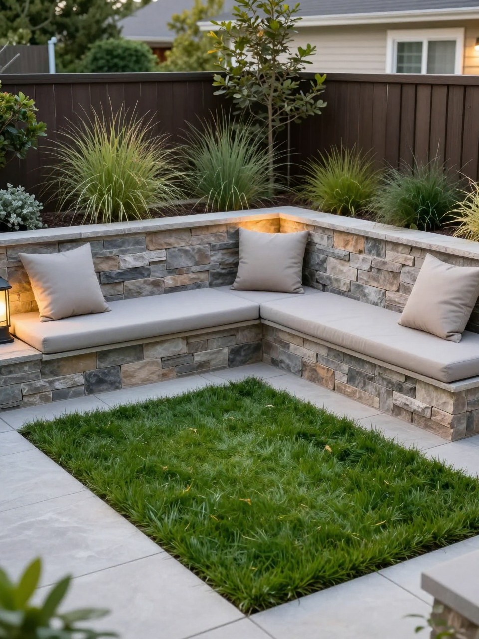 Image Prompt: A stylish two level garden with a raised green lawn and a sunken seating corner below, built-in cushioned benches, stone retaining walls, soft ornamental grasses, warm outdoor lighting, elegant family backyard design, realistic DSLR photo quality, no people, no watermarks on images.
