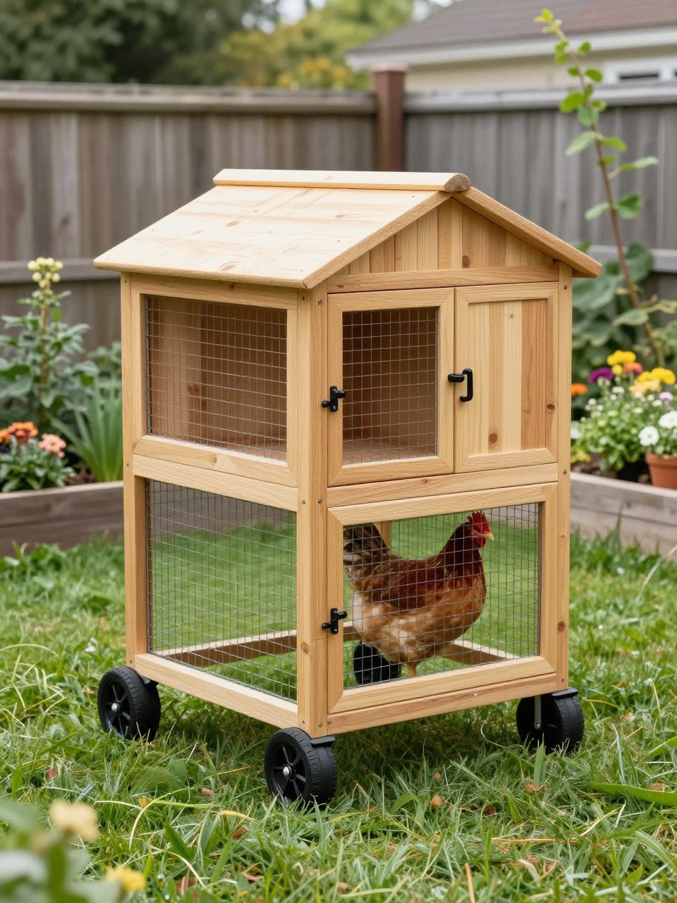 A realistic moveable garden chicken coop with two sturdy black wheels, natural wood siding, small sloped roof, attached wire run, pull handle, side nesting box, hens inside, green lawn with raised garden beds, herbs, and potted flowers nearby, clean and pretty backyard setup, practical DIY design, no people, no text, (no watermarks on images).
