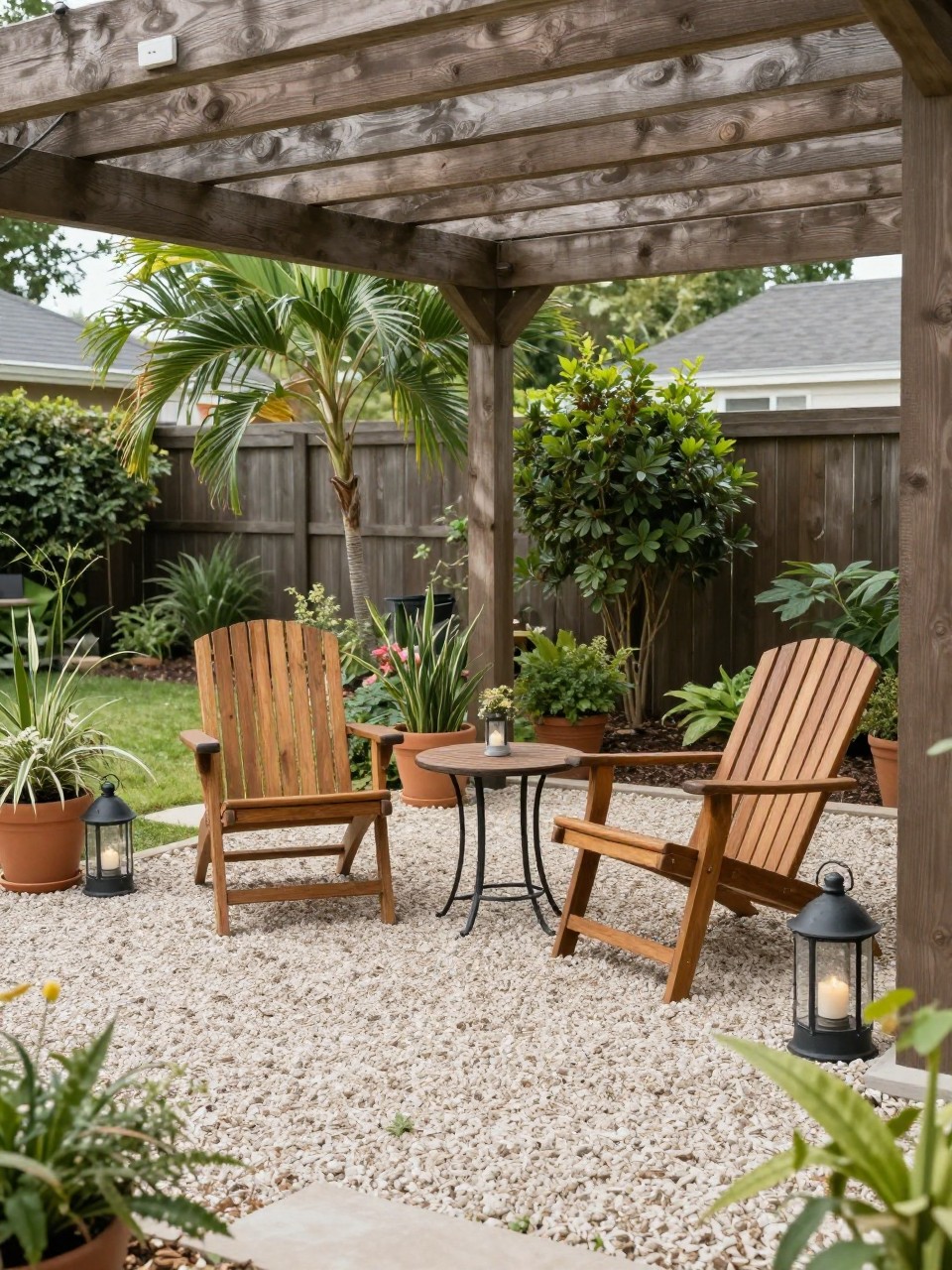 Image Prompt: A budget-friendly under deck patio with light pea gravel flooring, two wooden lounge chairs, small round table, black metal lanterns, potted plants, exposed deck beams overhead, relaxed backyard seating nook, soft natural light, no people, realistic DSLR garden photo, no text, no watermarks on images.