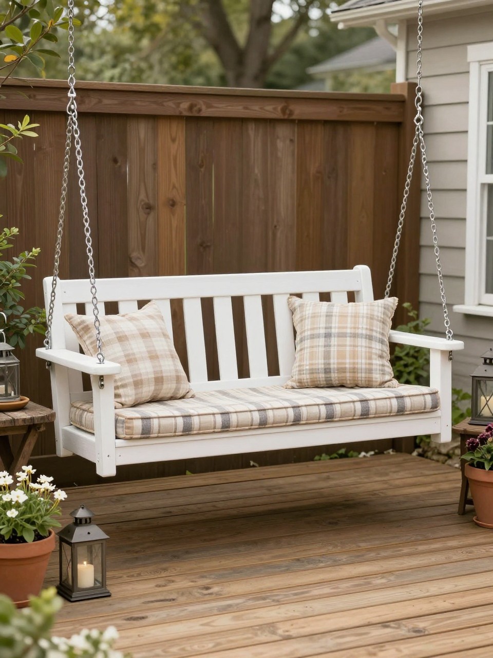 Image Prompt: A farmhouse-style backyard swing bench, white wooden frame, plaid and linen cushions, rustic side table, lanterns, potted flowers, warm wooden deck, cozy country outdoor setting, realistic DSLR photo quality, no people, no watermarks on images.