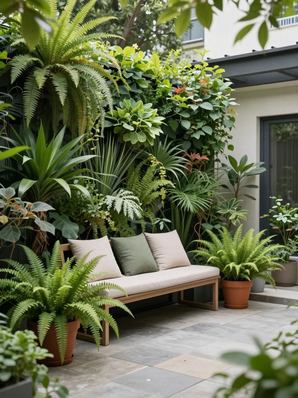 Image Prompt: A shaded under deck patio with a vertical garden wall on one side, small bench with cushions, potted ferns, trailing plants, stone floor, soft filtered light, fresh green backyard retreat, no people, realistic DSLR garden photo, no text, no watermarks on images.
