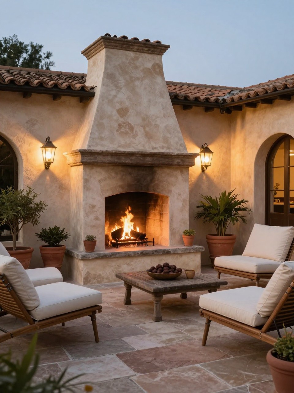 Image Prompt: A stunning Italian-style patio with a rustic stucco outdoor fireplace, stone flooring, comfortable lounge chairs with cream cushions, terracotta pots, lantern wall lights, warm evening glow, cozy villa-like backyard design, no people, realistic DSLR photo, no text, no watermarks on images.