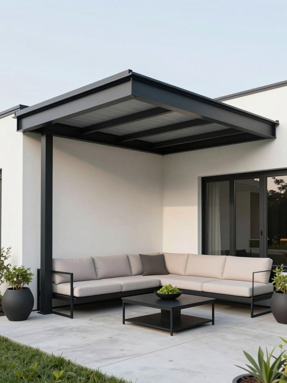 Image Prompt: A modern patio roof attached to a light-colored house, black metal frame, flat roof design, sleek outdoor sectional, black coffee table, concrete patio floor, sculptural planters, clean backyard landscaping, stylish high-contrast outdoor living area, no people, realistic DSLR photo, no text, no watermarks on images.