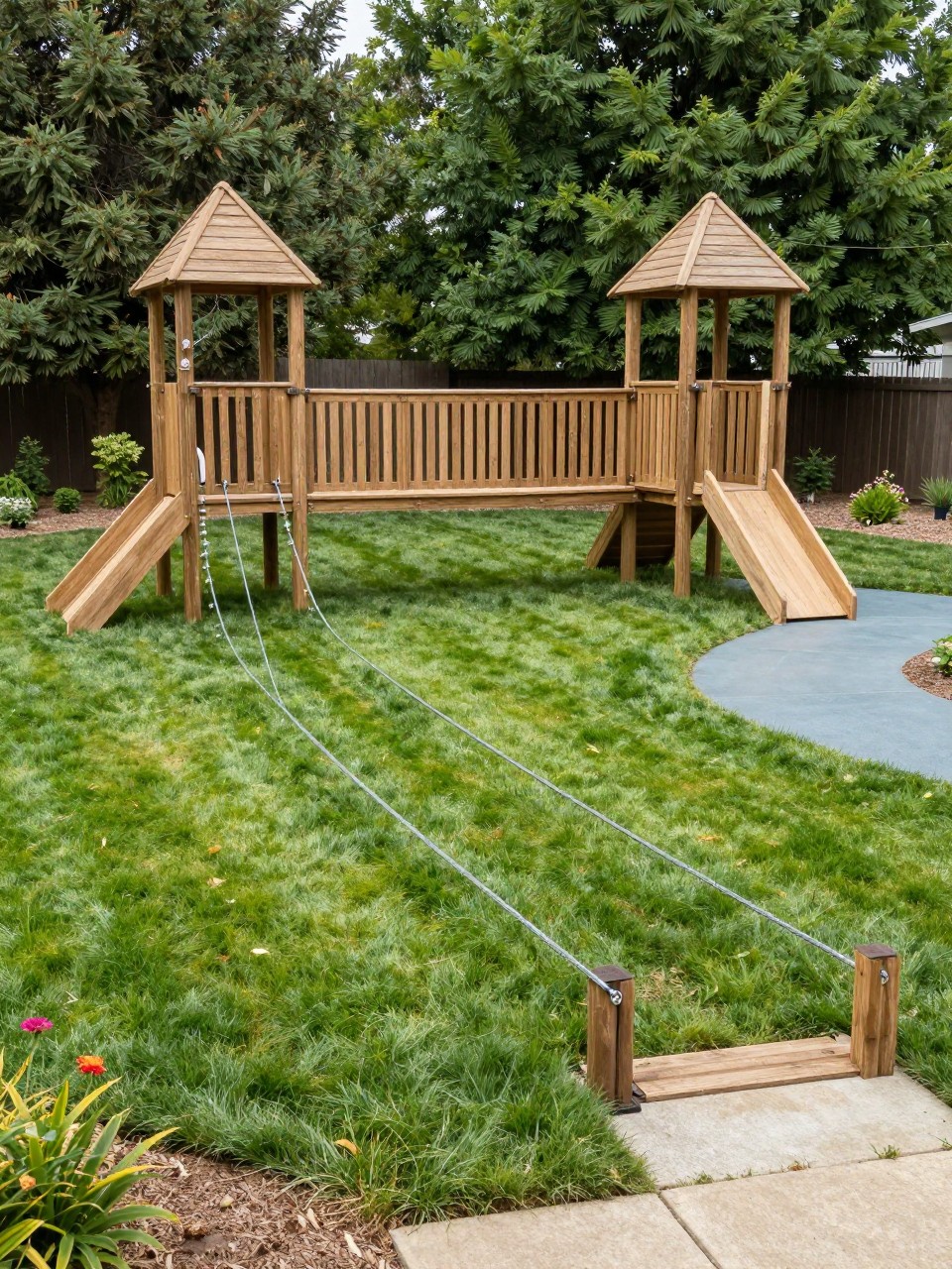 Image Prompt: A large backyard kids play area with a short low zip line setup, sturdy wooden posts, soft grass below, clear open play path, trees around the yard, adventurous family backyard design, realistic DSLR photo quality, no people, no watermarks on images.