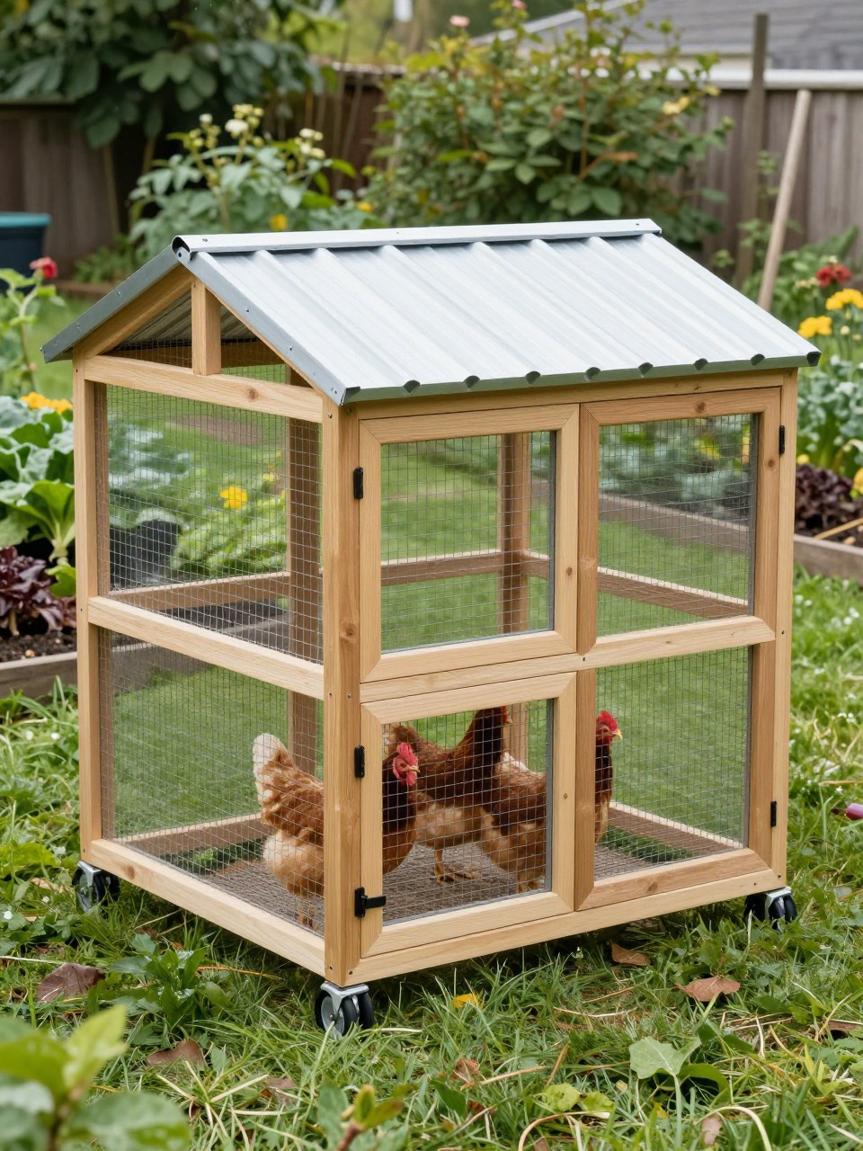 A realistic moveable chicken coop with a fully covered run, lightweight wood frame, wire mesh sides, metal or clear corrugated roof over the run, small enclosed coop section, two wheels, front pull handle, hens inside on grass, backyard garden with vegetable beds and shrubs nearby, rain-friendly practical DIY design, no people, no text, (no watermarks on images).