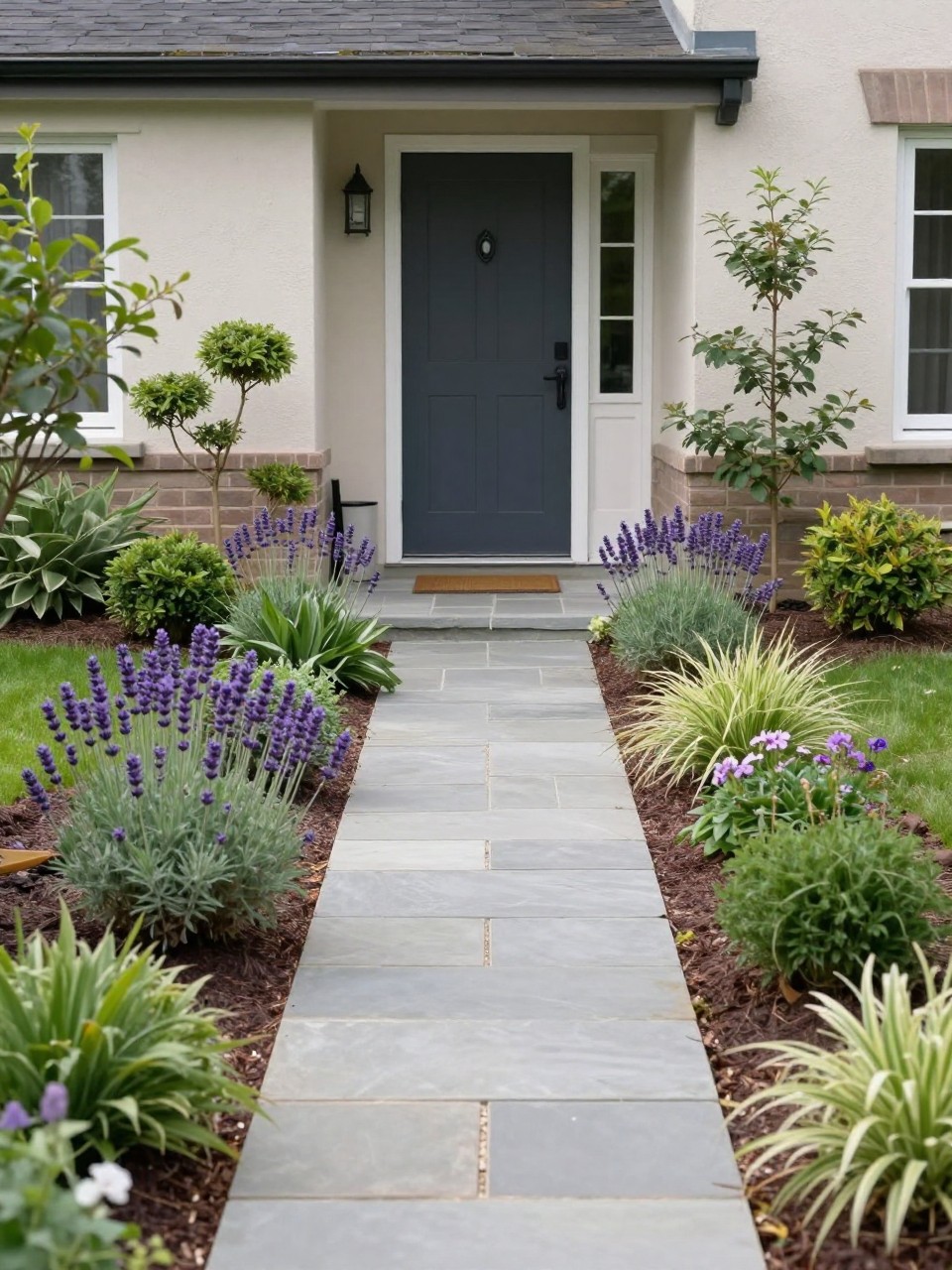 Image Prompt: A narrow front garden with a slim stone path leading to the front door, layered planting on both sides, lavender, small shrubs, ornamental grasses, soft flowers, neat home exterior, beautiful compact garden design, realistic DSLR photo quality, no people, no watermarks on images.