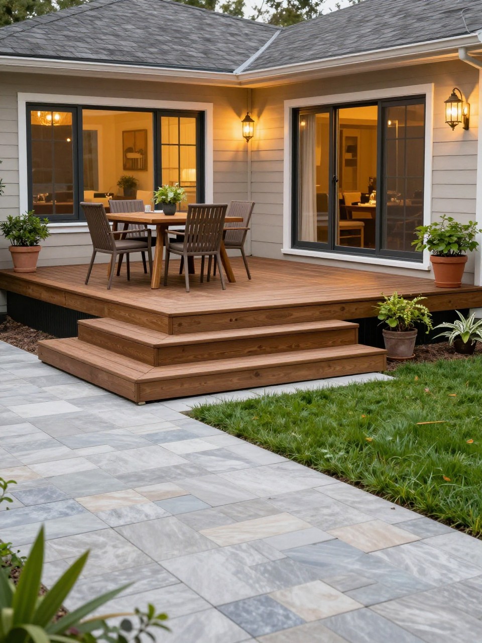 Image Prompt: A beautiful backyard with a raised wooden deck attached to the house and a lower paver patio below, outdoor dining table on the deck, cozy lounge seating on the patio, wide steps connecting both levels, potted greenery, warm string lights, neat lawn border, polished family backyard design, no people, realistic DSLR photo, editorial home and garden style, high detail, no text, no watermarks on images.