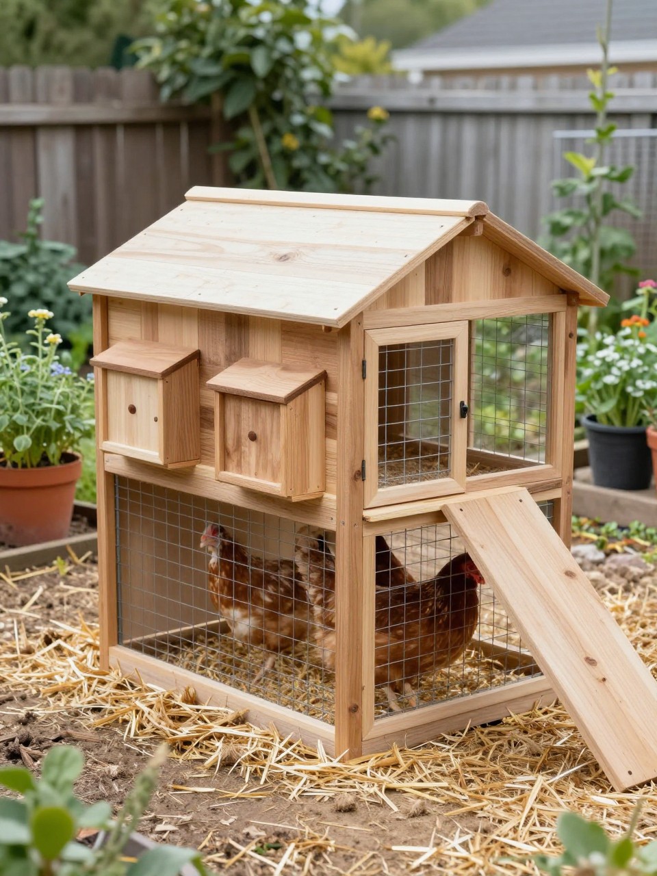 A realistic low budget backyard chicken coop with simple wood walls and repurposed milk crate nesting boxes built into one side, sloped roof, short ramp, attached wire run, clean straw bedding, hens inside, backyard garden with potted herbs and a fence in the background, smart upcycled DIY setup, no people, no text, (no watermarks on images).