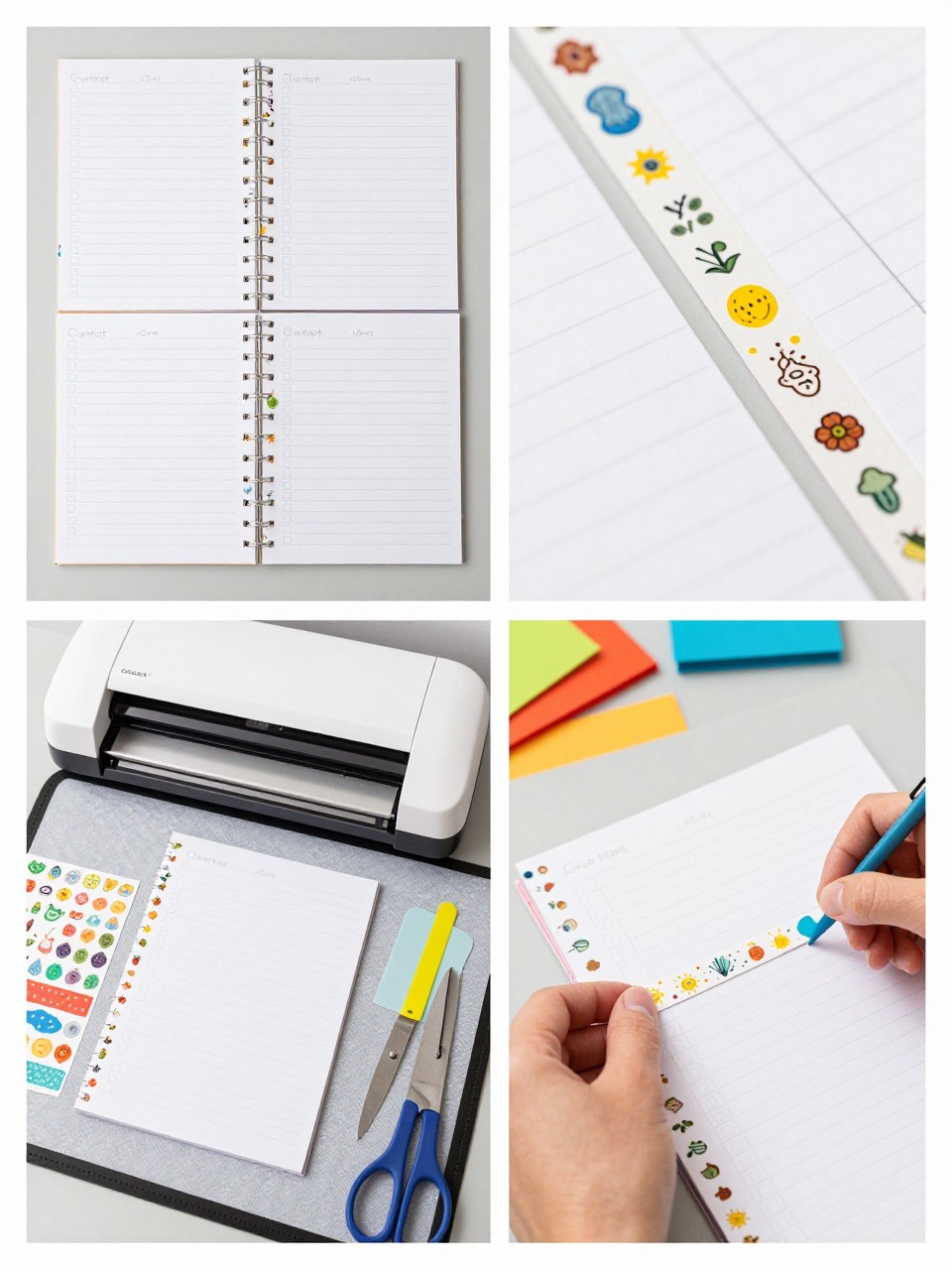 A realistic editorial 2x2 collage grid showing Cricut summer planner tabs, top-left finished planner pages with cardstock tabs decorated with tiny suns, flowers, waves, and fruit icons, top-right close-up of laminated tab edges and small vinyl icons, bottom-left flat lay of cardstock, Cricut machine, LightGrip mat, printable sticker paper, laminating sheet, scraper, and scissors, bottom-right cropped hands attaching a summer tab to a planner page, colorful desk craft setup, no faces, no text except simple month labels, no watermark on images.