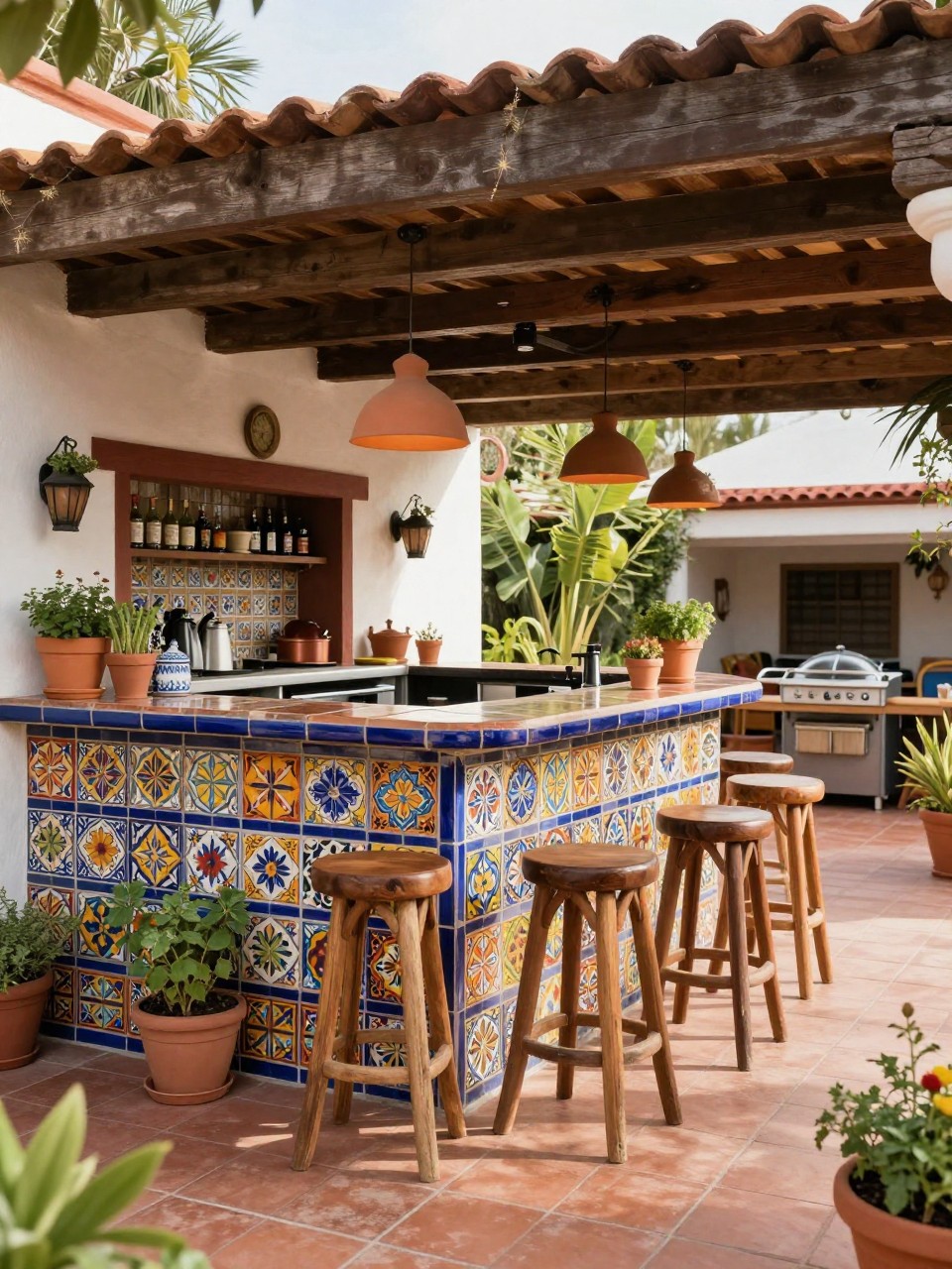 Image Prompt: A beautiful Mexican-inspired patio with an outdoor cantina-style kitchen, tiled bar front with colorful Talavera pattern, wooden bar stools, clay pendant lights, terracotta flooring, potted herbs, festive but polished backyard cooking space, no people, realistic DSLR photo, no text, (no watermarks on images)