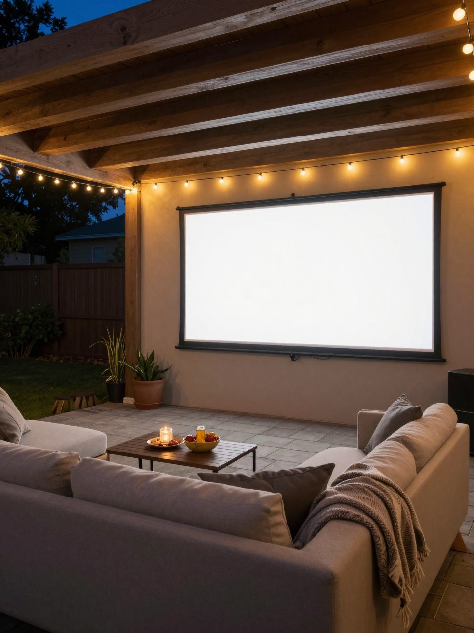 Image Prompt: A cozy under deck patio movie setup with a white outdoor projector screen on one wall, low outdoor sofa with cushions, soft blankets, small snack table, warm string lights across the deck beams, paver floor, relaxed backyard movie night atmosphere, no people, realistic DSLR photo, no text, no watermarks on images.