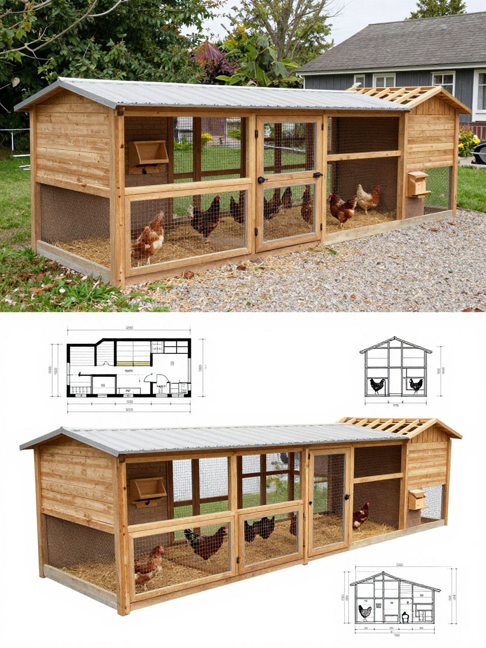Image Prompt: A vertical 2-collage image. The top half shows a realistic spacious chicken coop designed for about 12 hens, long wooden hen house, multiple exterior nesting boxes, wide covered run, full-size walk-in door, roosting space visible through an open side, chickens inside, straw bedding, gravel floor, and a tidy homestead backyard. The bottom half shows the matching coop plan with clear layout for 12 hens, multiple nesting boxes, roosting bar locations, floor plan, run dimensions, access doors, roof framing, and measured blueprint-style drawings. The top and bottom should clearly match the same coop. Realistic, useful, no people, no text, (no watermarks on images).