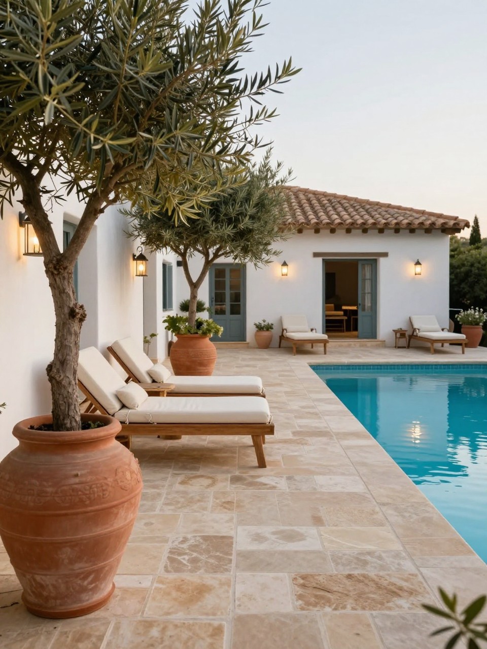Image Prompt: A beautiful poolside Mediterranean patio with warm stone flooring, large terracotta urn planters, olive trees, cushioned lounge chairs with cream cushions, white stucco walls, soft lantern lighting, clear blue pool nearby, relaxed villa-inspired backyard setting, no people, realistic DSLR editorial photo, no text, no watermarks on images.