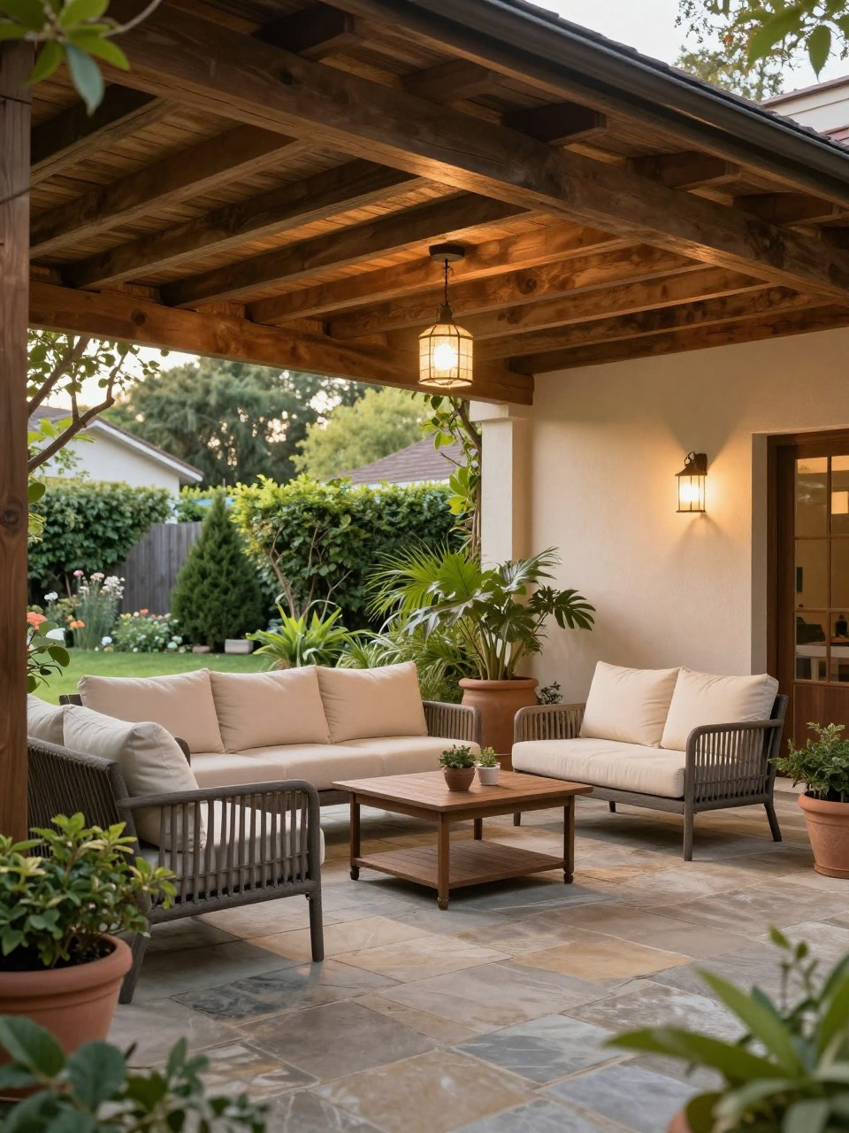 Image Prompt: A lovely covered flagstone patio with a simple wooden roof structure, natural stone floor, outdoor sofa and chairs with cream cushions, potted greenery, warm pendant light, open view to the garden, cozy shaded backyard living space, no people, realistic DSLR photo, no text, no watermarks on images.