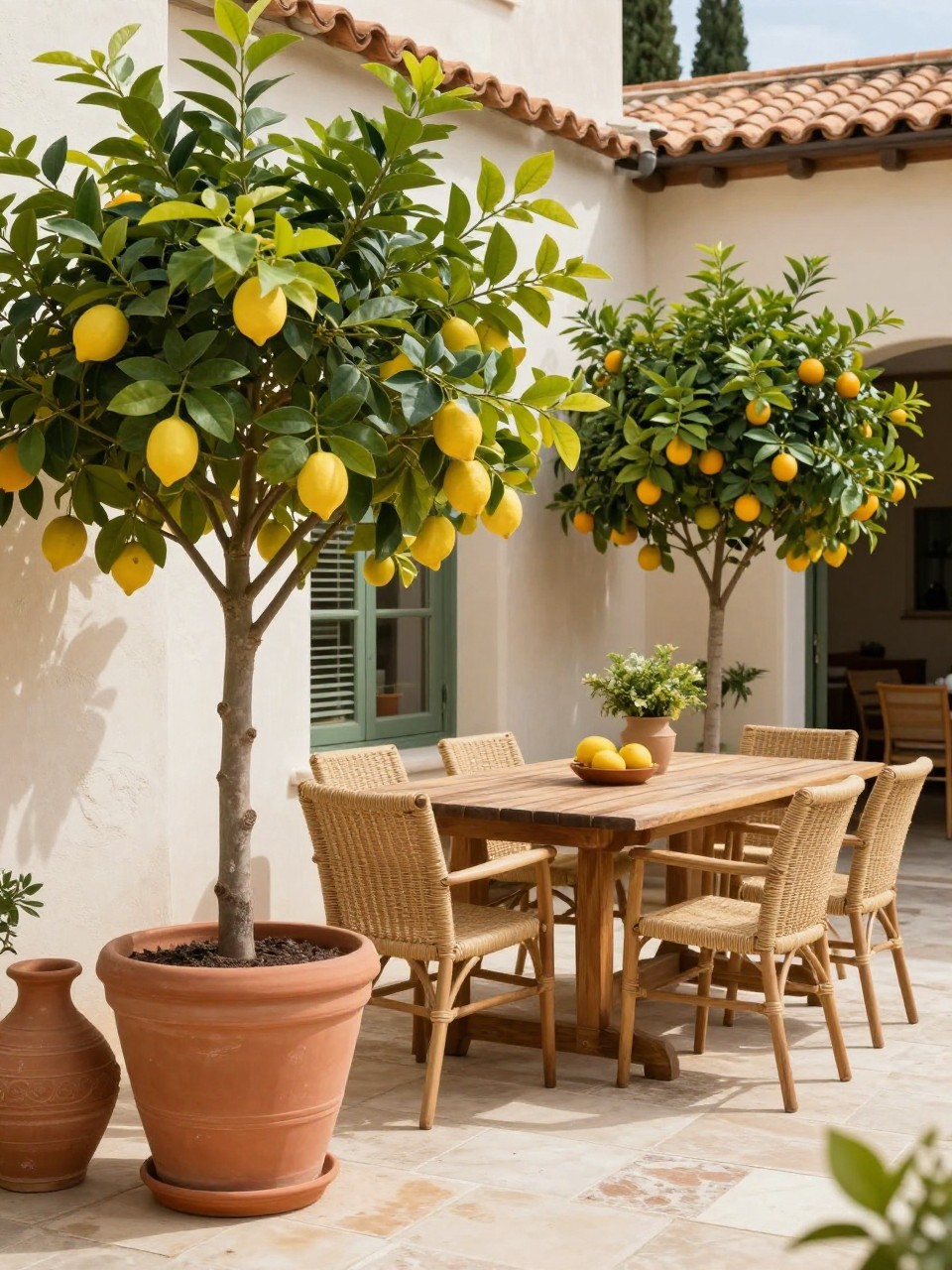 Image Prompt: A beautiful patio dining area with large potted lemon and orange trees placed beside a wooden outdoor dining table, terracotta and ceramic pots, woven dining chairs, light stone flooring, soft sunlight, fresh Mediterranean-inspired outdoor setting, no people, realistic DSLR photo, no text, no watermarks on images.