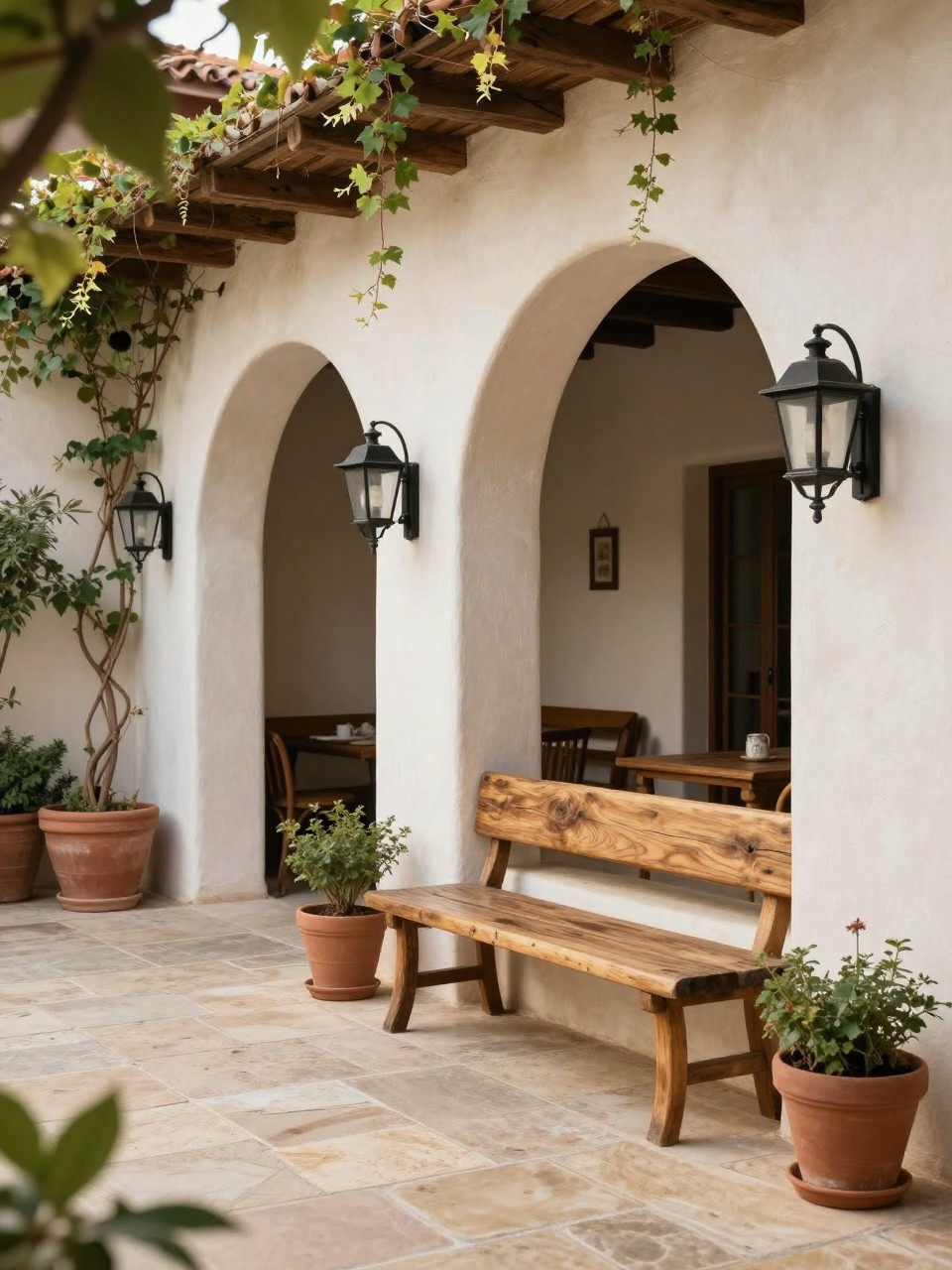 Image Prompt: A stylish Mediterranean patio with arched stucco openings, natural stone floor, rustic wooden bench, black iron wall lanterns, terracotta pots, climbing ivy, warm natural light, elegant old-world courtyard design, no people, realistic DSLR photo, no text, no watermarks on images.