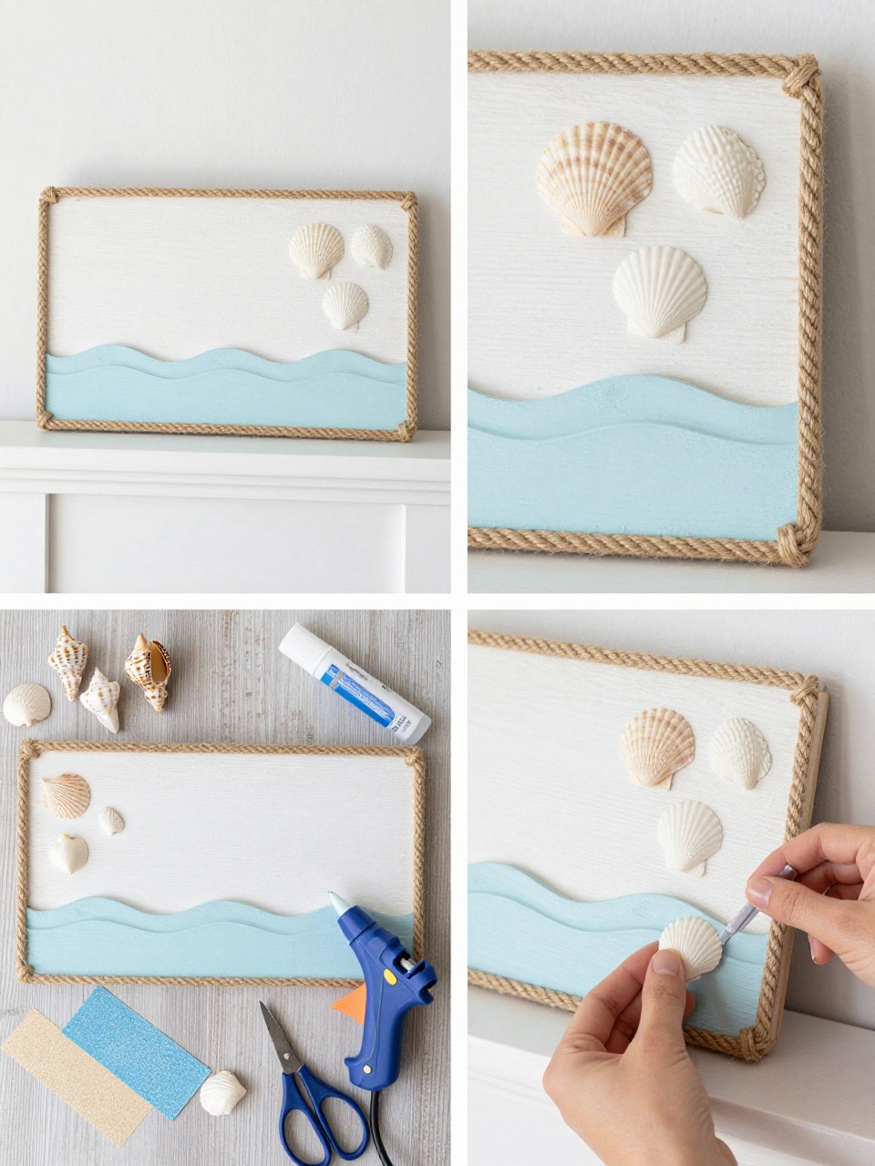 A realistic editorial 2x2 collage grid showing a coastal shell wooden summer sign, top-left finished whitewashed wood sign with glued shells, jute rope border, and pale blue wave detail displayed on a mantel, top-right close-up of shell texture, rope edge, and soft blue paint, bottom-left flat lay of wooden board, seashells, jute rope, blue and white paint, hot glue gun, scissors, sandpaper, and clear sealer, bottom-right cropped hands gluing shells onto the wood sign, soft coastal summer home styling, no faces, no text, no watermark on images.