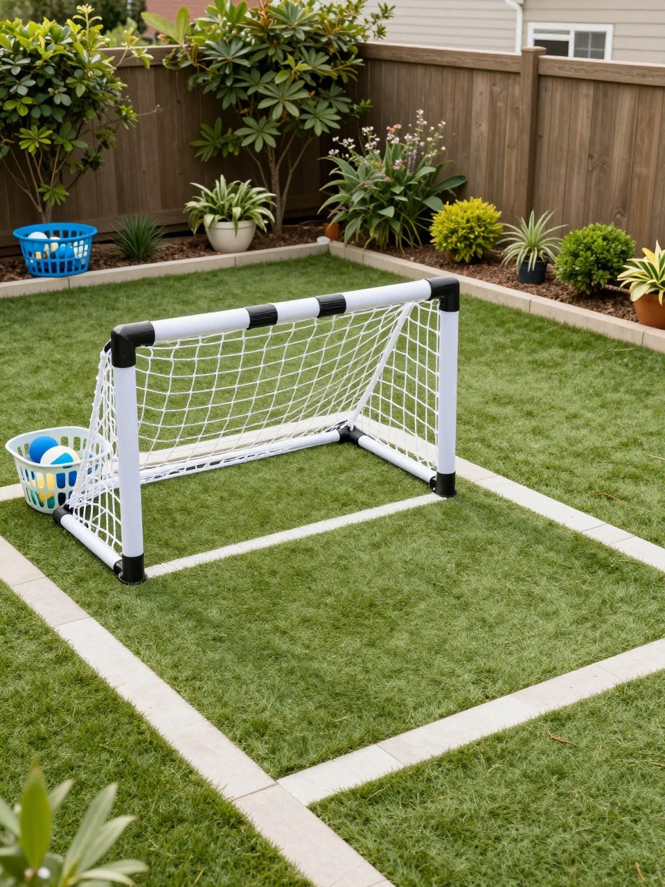 Image Prompt: A small backyard sports play zone with a mini soccer goal, soft turf, simple boundary edging, storage basket for balls, neat family garden setting, active kids backyard idea, realistic DSLR photo quality, no people, no watermarks on images.