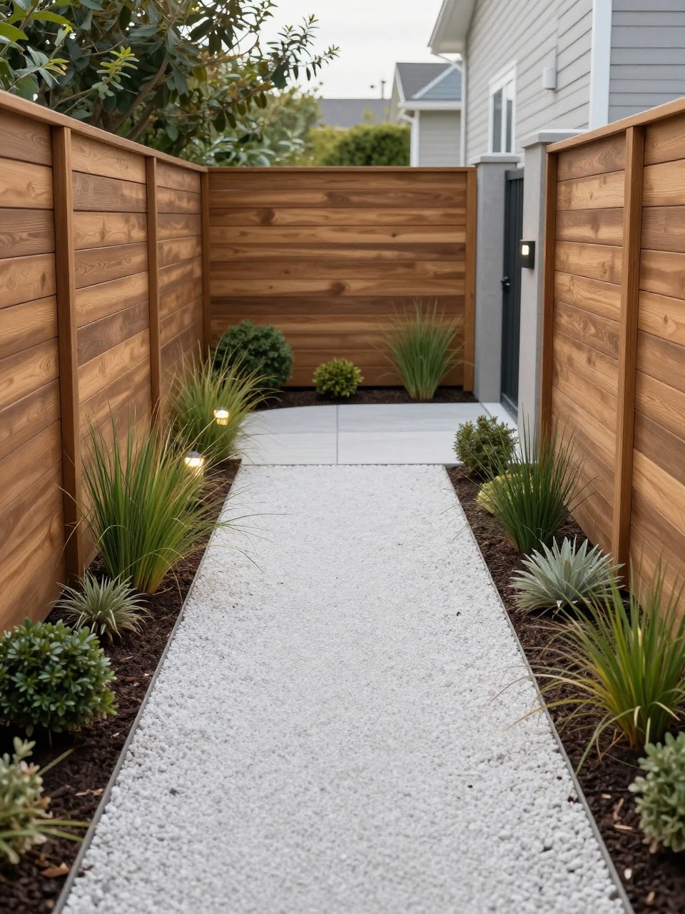 Image Prompt: A stylish side yard pathway with warm slatted wood privacy screens, pale gravel path, slim planting beds, ornamental grasses, small shrubs, modern outdoor lighting, premium compact landscape design, realistic DSLR photo quality, no people, no watermarks on images.