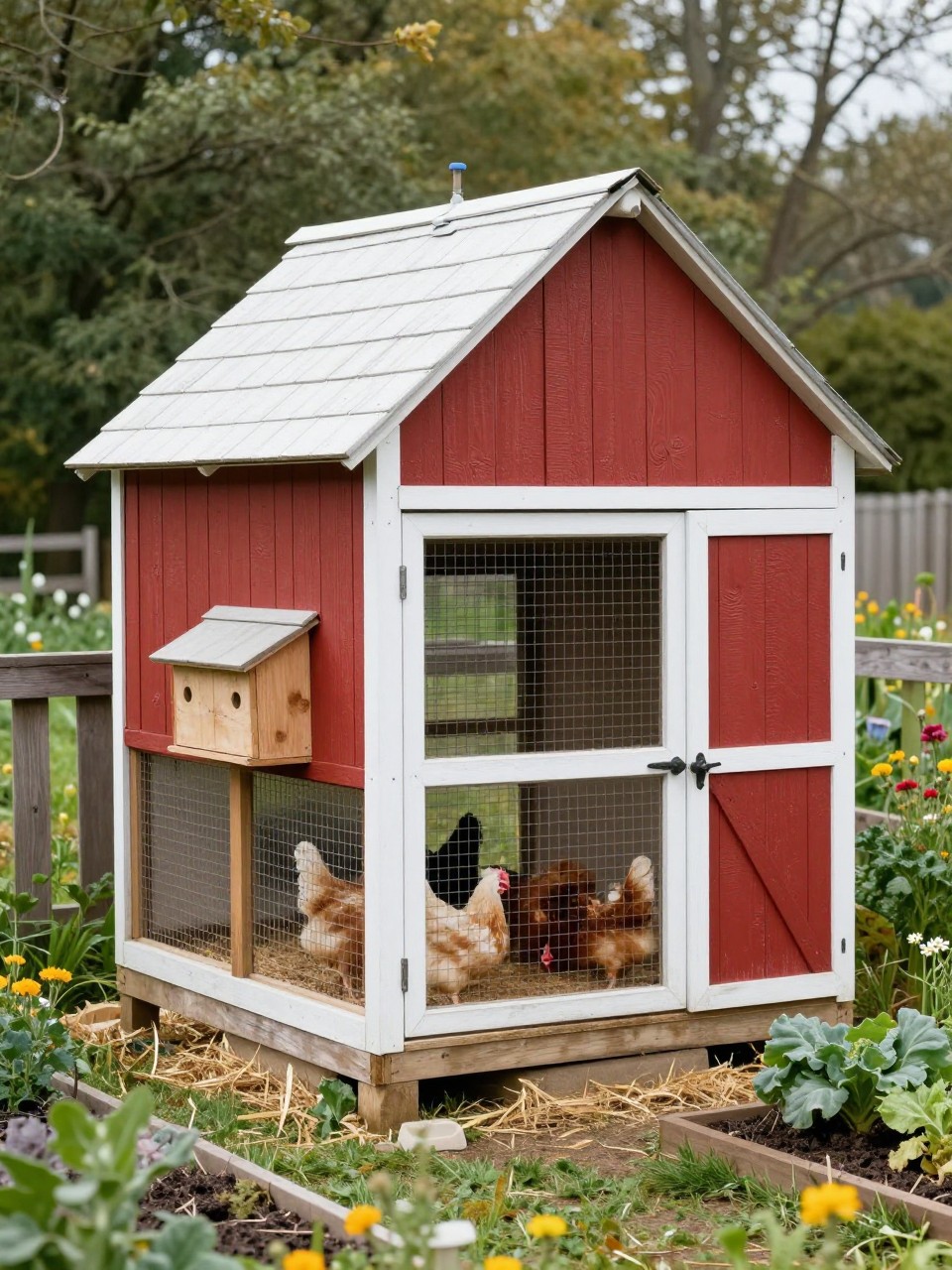 Image Prompt: A rustic barn-style walk in chicken coop in a small homestead backyard, red painted wood siding with white trim, mini barn roof, tall wire chicken run attached, full-size door, side nesting boxes, chickens pecking inside the run, straw bedding, wooden fence, wildflowers, and a small vegetable patch nearby, cozy country garden feel, no people, no text, no watermark.