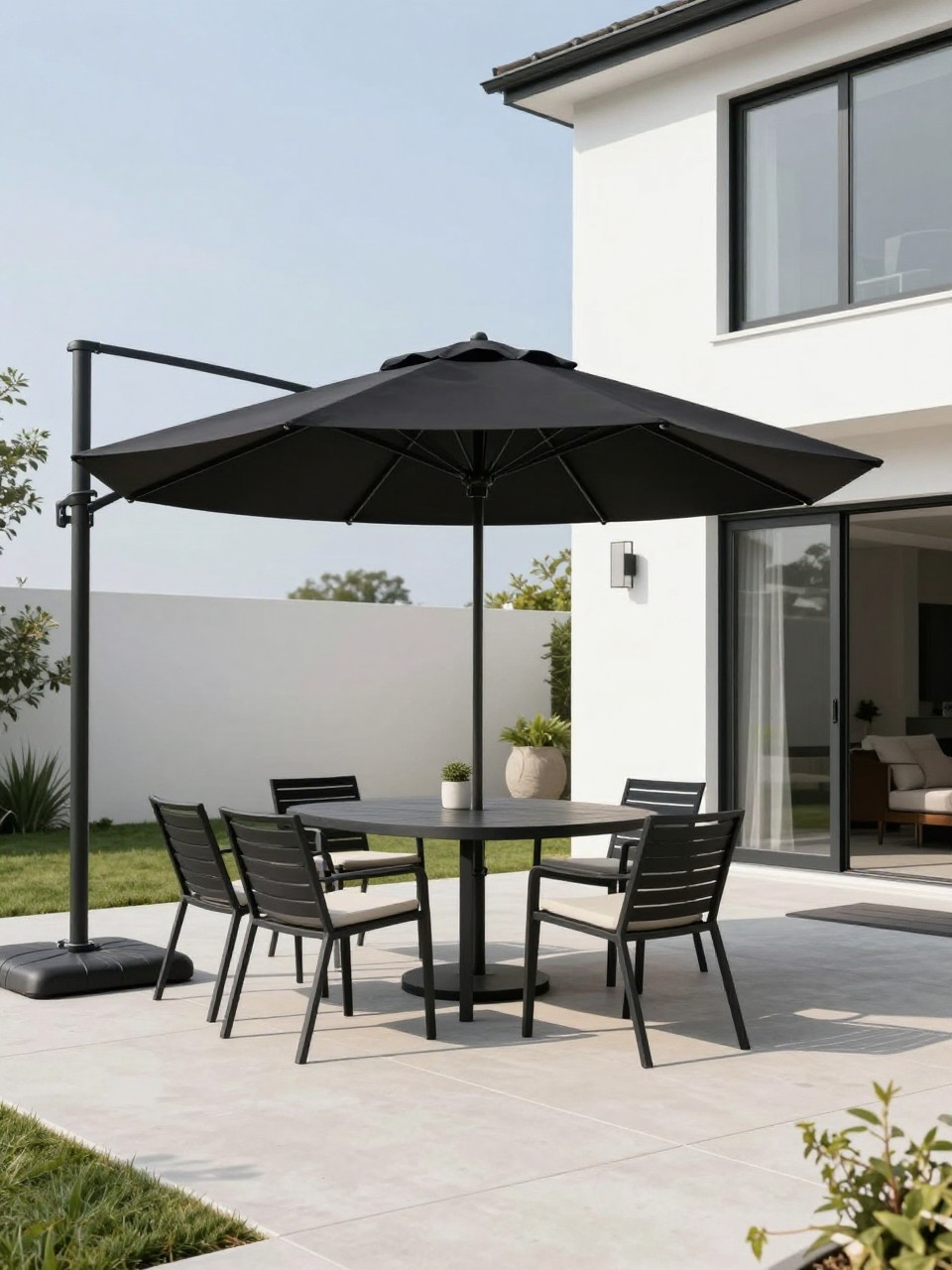 Image Prompt: A sleek modern patio with a black patio umbrella over a simple outdoor dining set, black metal chairs, light concrete paver floor, cream cushions, sculptural planters, white house exterior, clean high-contrast backyard design, bright natural daylight, no people, realistic DSLR image, no text, no watermarks on images.