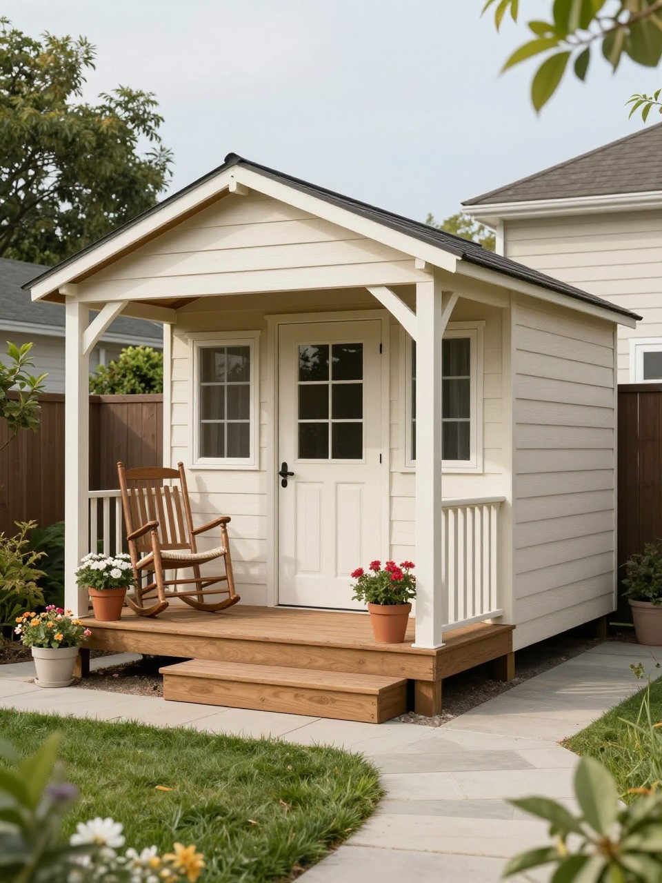 Image Prompt: A beautiful backyard storage shed with a small front porch, wooden steps, potted flowers, rocking chair, soft neutral paint, garden path, cozy and welcoming backyard shed design, realistic DSLR photo quality, no people, no watermarks on images.