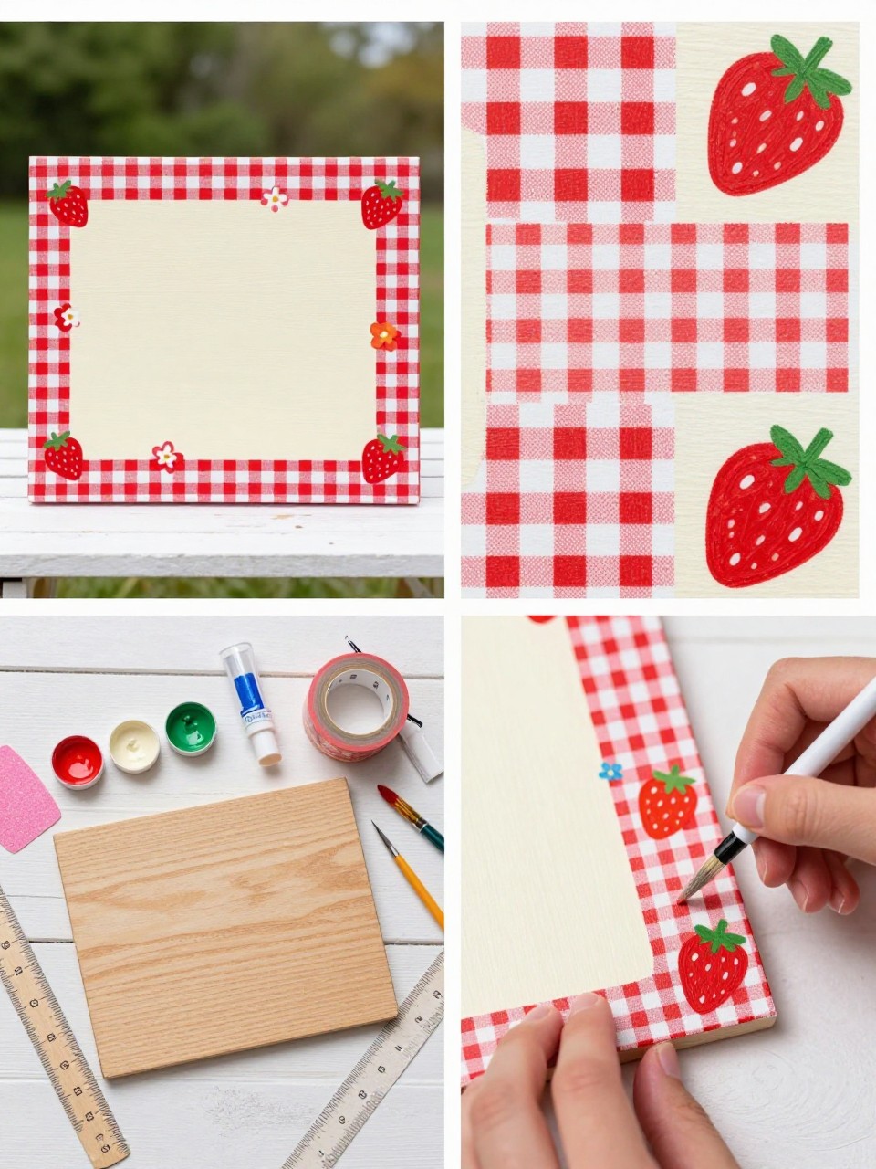 A realistic editorial 2x2 collage grid showing a cute gingham border wooden summer sign, top-left finished square wood sign with a painted red and white gingham border, tiny strawberries, flowers, and a cream center displayed on a picnic table, top-right close-up of painted gingham squares and strawberry details, bottom-left flat lay of wood board, red, white, cream, green, and pink paint, painter’s tape, ruler, brushes, sandpaper, and clear sealer, bottom-right cropped hands painting small gingham squares along the edge, sweet summer picnic craft setting, no faces, no text, no watermark on images.