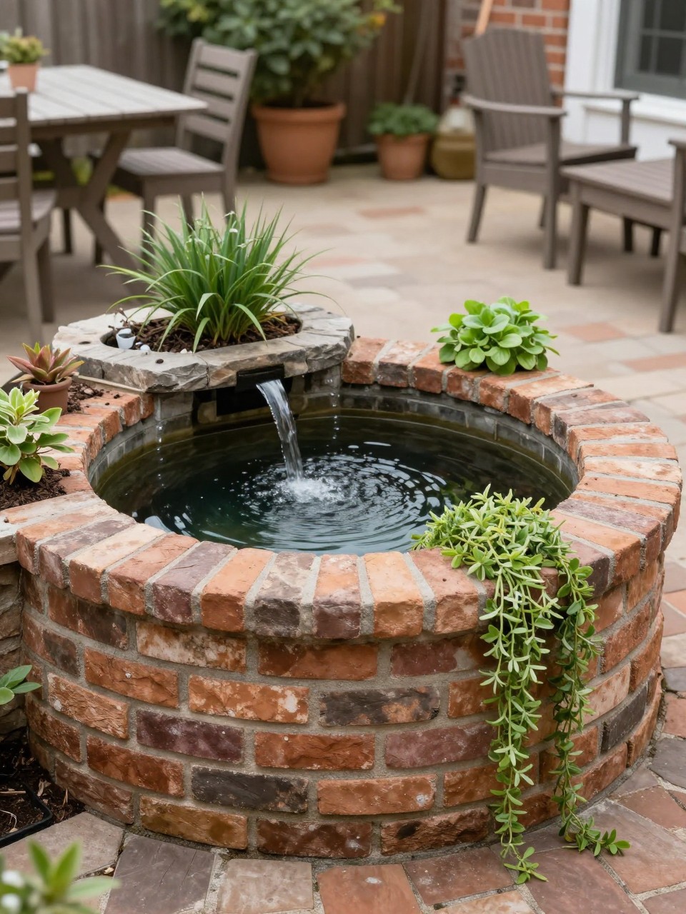 Image Prompt: A DIY raised brick backyard pond with built-in planting around the edges, small water plants, trailing greenery, warm brick texture, patio seating nearby, cozy traditional garden design, realistic DSLR photo quality, no people, no watermarks on images.