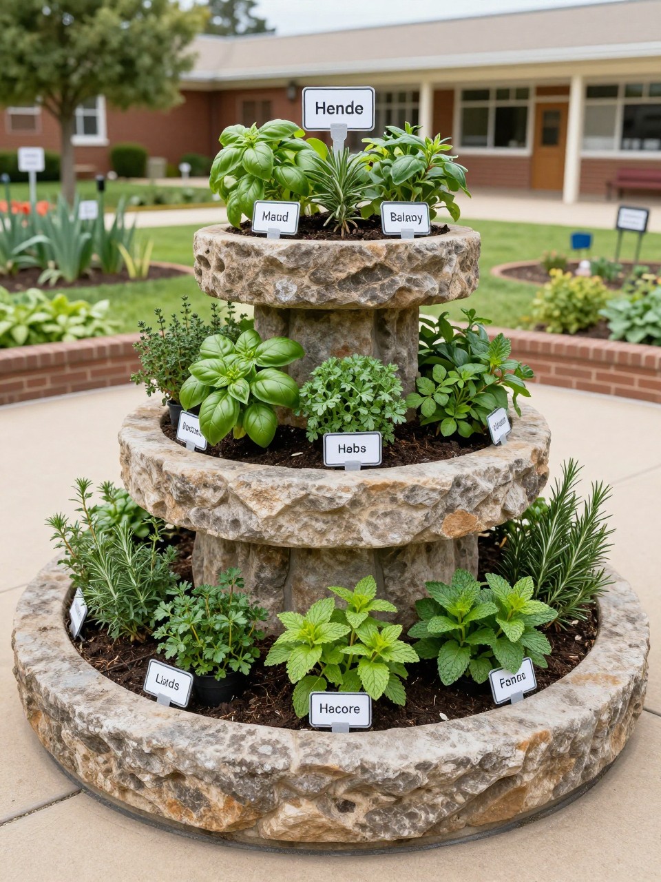 Image Prompt: A beautiful school garden with a stone herb spiral, planted with basil, thyme, parsley, rosemary, and mint, compact and creative design, educational labels, neat school outdoor space, realistic DSLR photo quality, no watermarks on images.