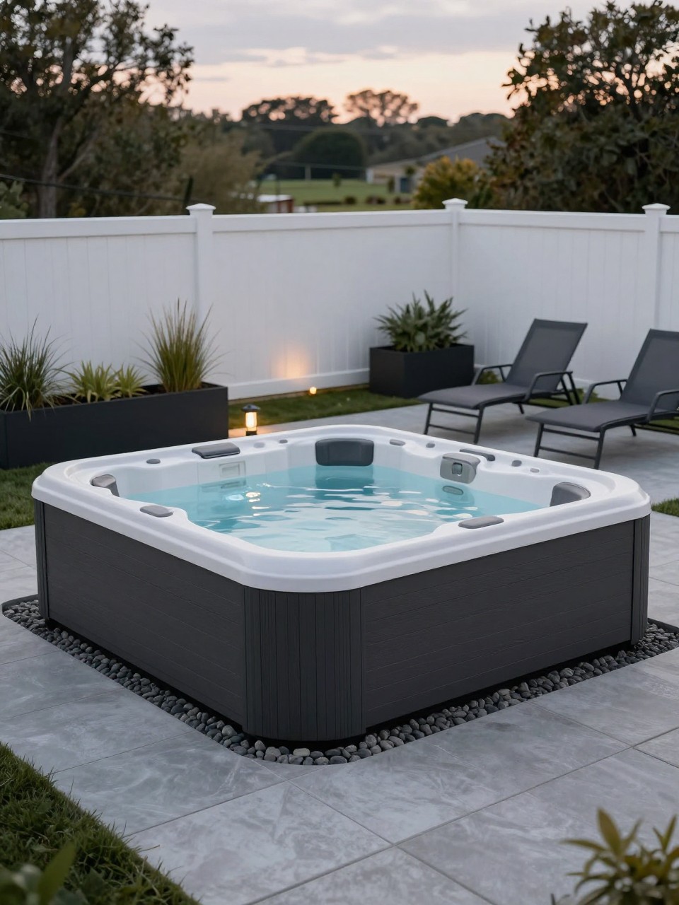 Image Prompt: A simple and beautiful budget hot tub patio with a hot tub on a neat paver base, modern black planters with grasses, solar pathway lights, two folding lounge chairs, clean backyard fence, calm evening mood, no people, realistic DSLR image, no text, no watermarks on images.