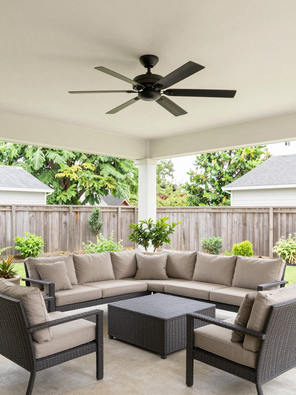 Image Prompt: A comfortable under deck patio with a black outdoor ceiling fan mounted to the deck ceiling, simple outdoor sofa and chairs, concrete floor, potted plants, neutral cushions, clean shaded backyard sitting area, bright daytime light, no people, realistic DSLR photo, no text, no watermarks on images.