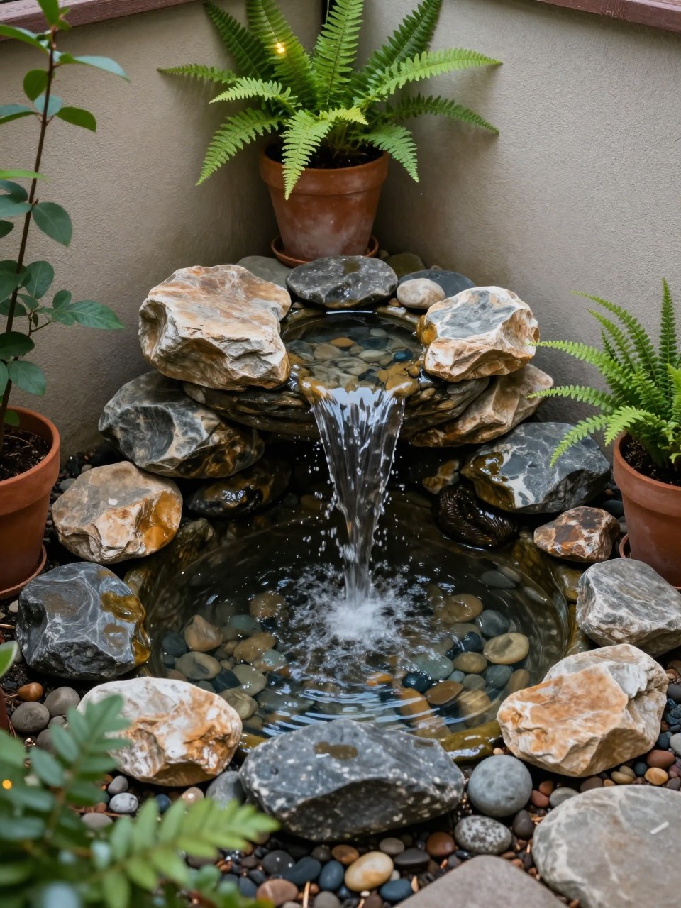 Image Prompt: A compact homemade corner waterfall with water flowing over small stones into a pebble-filled basin, tucked into a garden corner, potted plants, ferns, soft lighting, cozy small backyard water feature, realistic DSLR photo quality, no people, no watermarks on images.