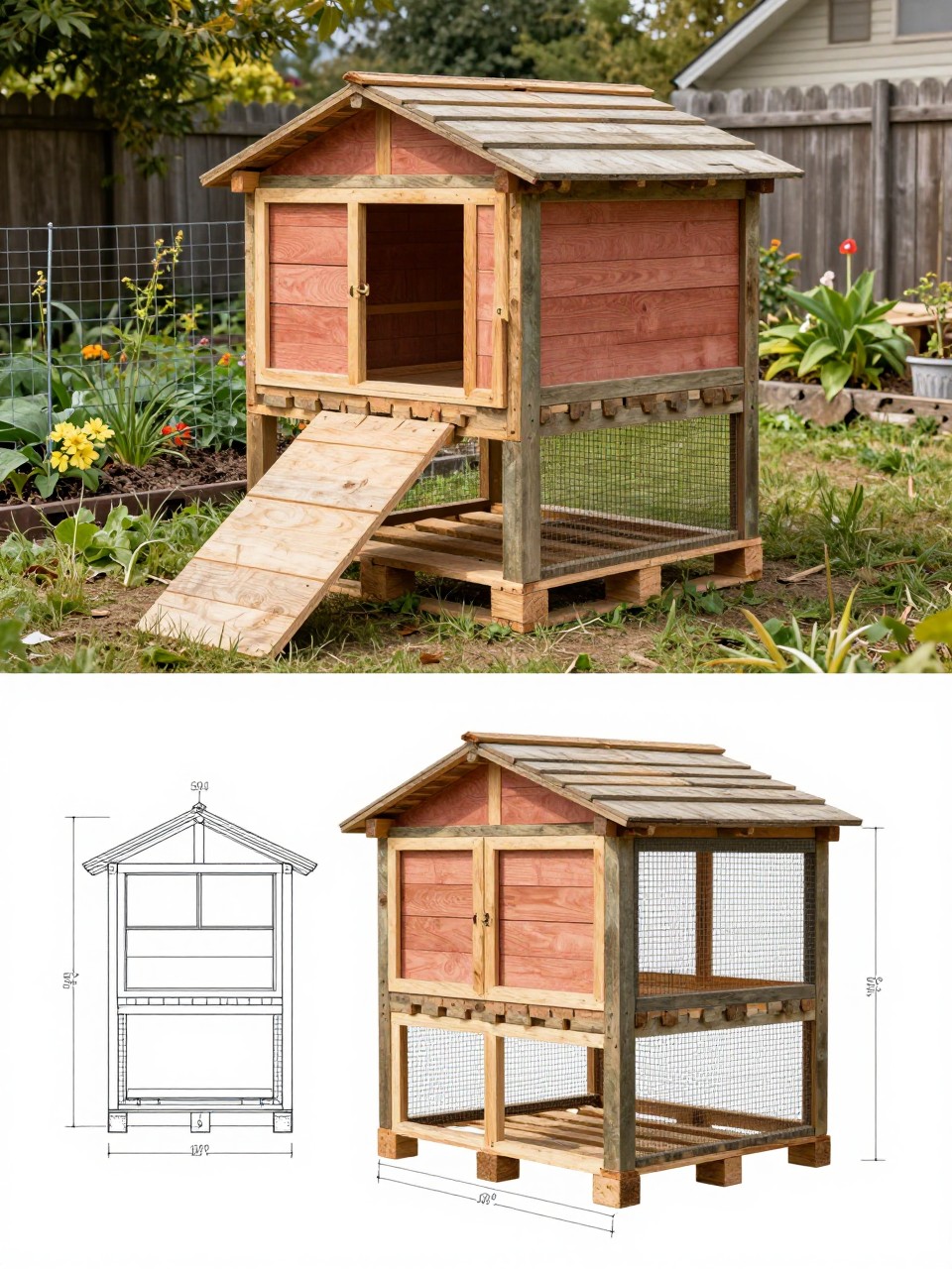 Image Prompt: A vertical 2-collage image. The top half shows a realistic rustic chicken coop built from reclaimed pallet wood, with a small ramp, sloped roof, attached wire run, and a cozy backyard garden around it. The bottom half shows the matching pallet chicken coop plan, including wood layout sketches, wall framing, nesting box placement, and dimension lines drawn in a simple practical blueprint style. The plan should look like a real downloadable DIY sheet. No people, no watermark.