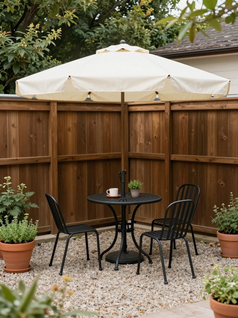 Image Prompt: A small backyard patio corner with a compact cream patio umbrella over a black metal bistro table and two chairs, terracotta pots with herbs, gravel floor, wood fence backdrop, cozy morning coffee nook, no people, realistic DSLR photo, no text, no watermarks on images.