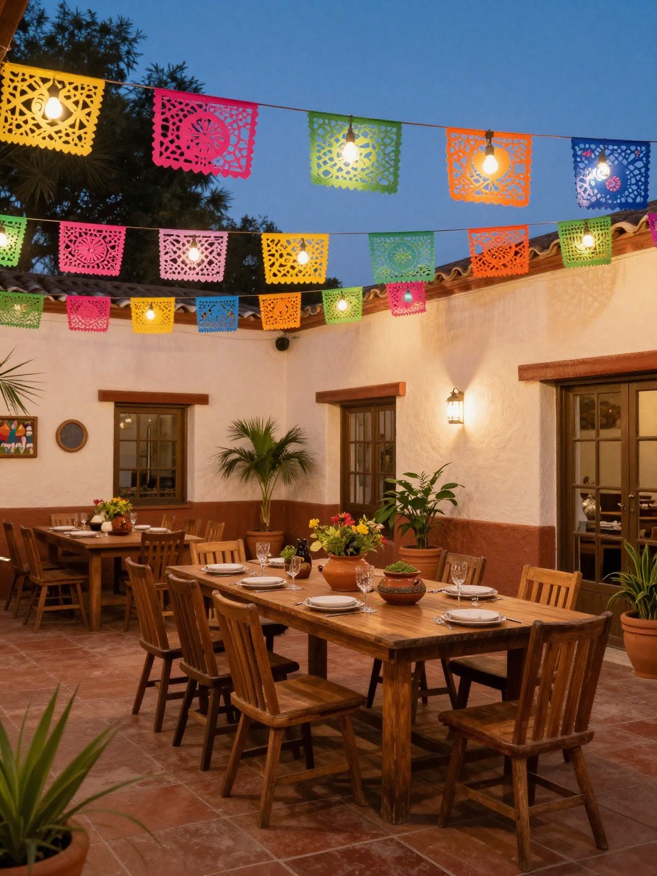 Image Prompt: A festive Mexican patio with warm string lights overhead, colorful papel picado banners, terracotta floor, wooden dining table, mixed pottery, potted plants, cozy outdoor party-ready setting at dusk, vibrant yet tasteful design, no people, realistic DSLR photo, no text, (no watermarks on images)