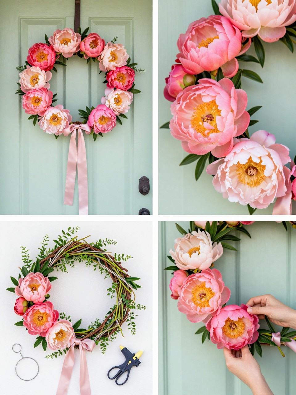 A realistic editorial 2x2 collage grid showing a pink peony summer wreath, top-left finished wreath on a pale green door with hot pink, blush, and coral peonies, soft greenery, and satin ribbon, top-right close-up of full peony blooms and leaf details, bottom-left flat lay of grapevine wreath base, faux peonies, greenery stems, satin ribbon, floral wire, scissors, and glue gun, bottom-right cropped hands arranging peonies into a side cluster, cheerful floral summer entryway styling, no faces, no text, no watermark on images.